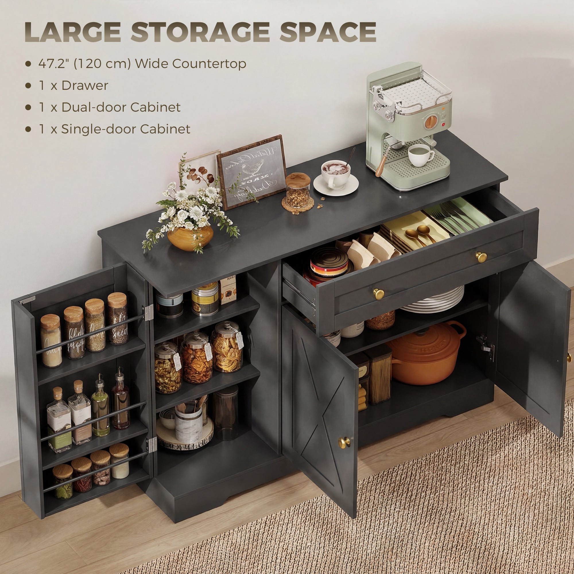 Farmhouse Sideboard Buffet Cabinet with Storage, 47" Coffee Bar Cabinet with 3 Door Shelves, Drawer, Adjustable Shelves and 3 Barn Doors, Black