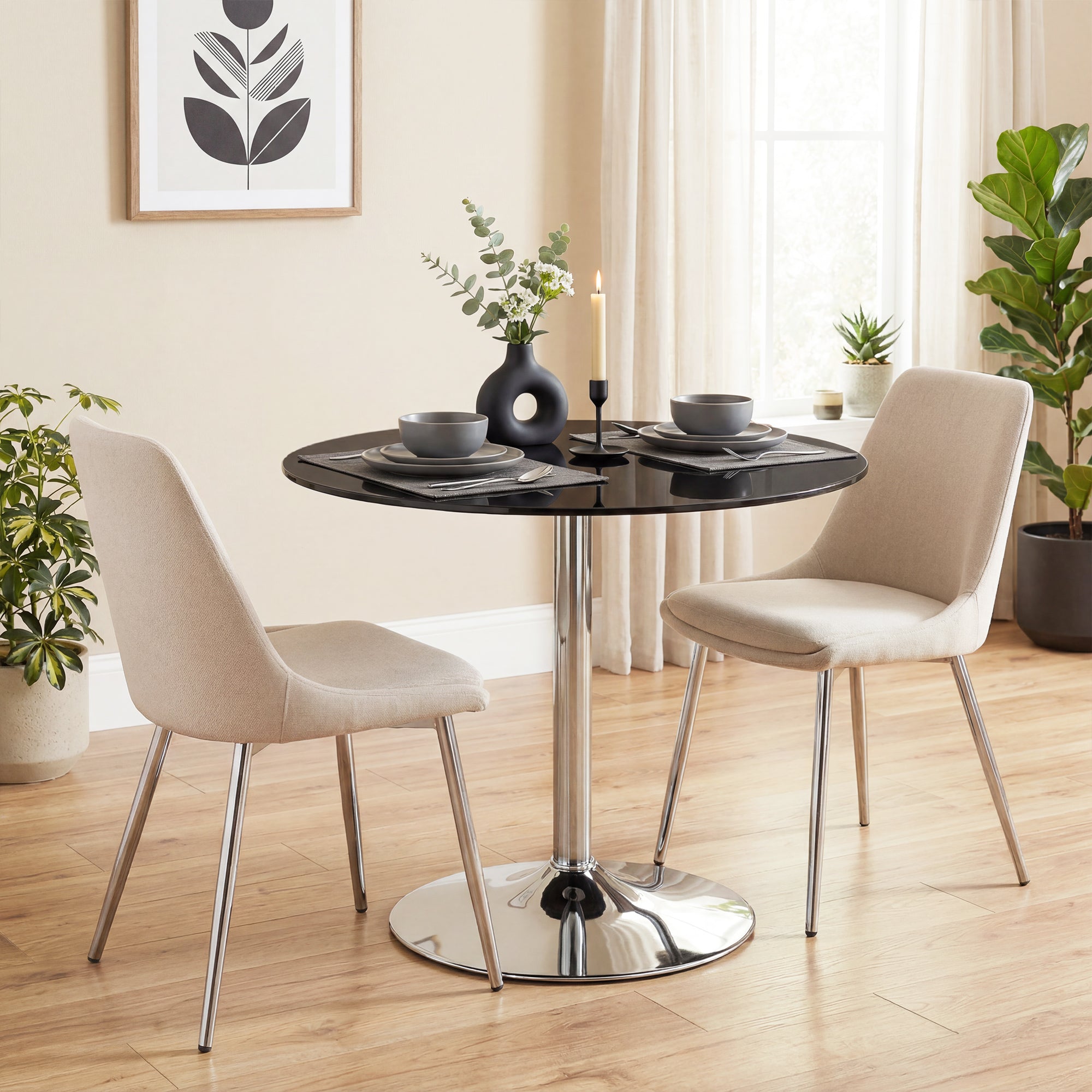 Round Bar Table, Modern Dining Table with Tempered Glass Top and Steel Frame for 4, Easy Assembly for Breakfast Bar, Dining Room, 80 x 80 x 77cm, Black