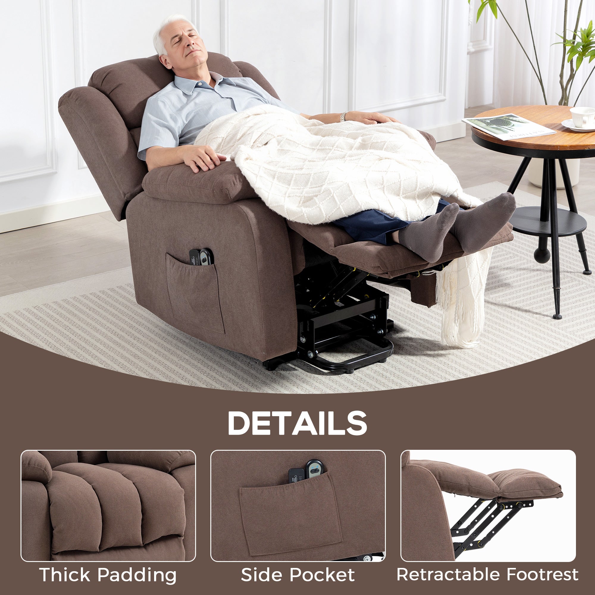Power Lift Recliner Chair with Massage, Linen Overstuffed Lift Chair for Elderly, Electric Recliner Armchair with Footrest, Remote Control and Side Pocket, for Living Room, Dark Brown