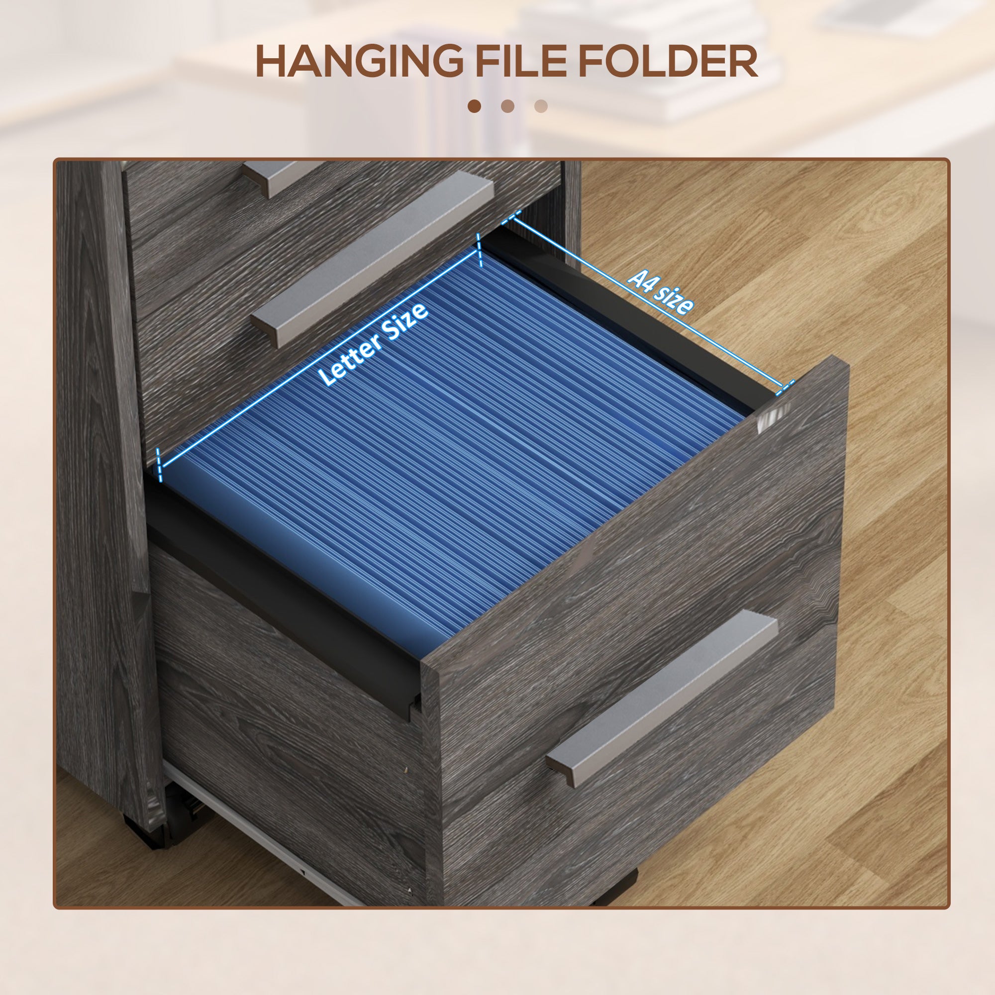 HOMCOM 3 Drawer File Cabinet with Lock and Edged Top, Lockable Filing Cabinet on Wheels with Hanging Bars for Letter and A4 Size, Grey