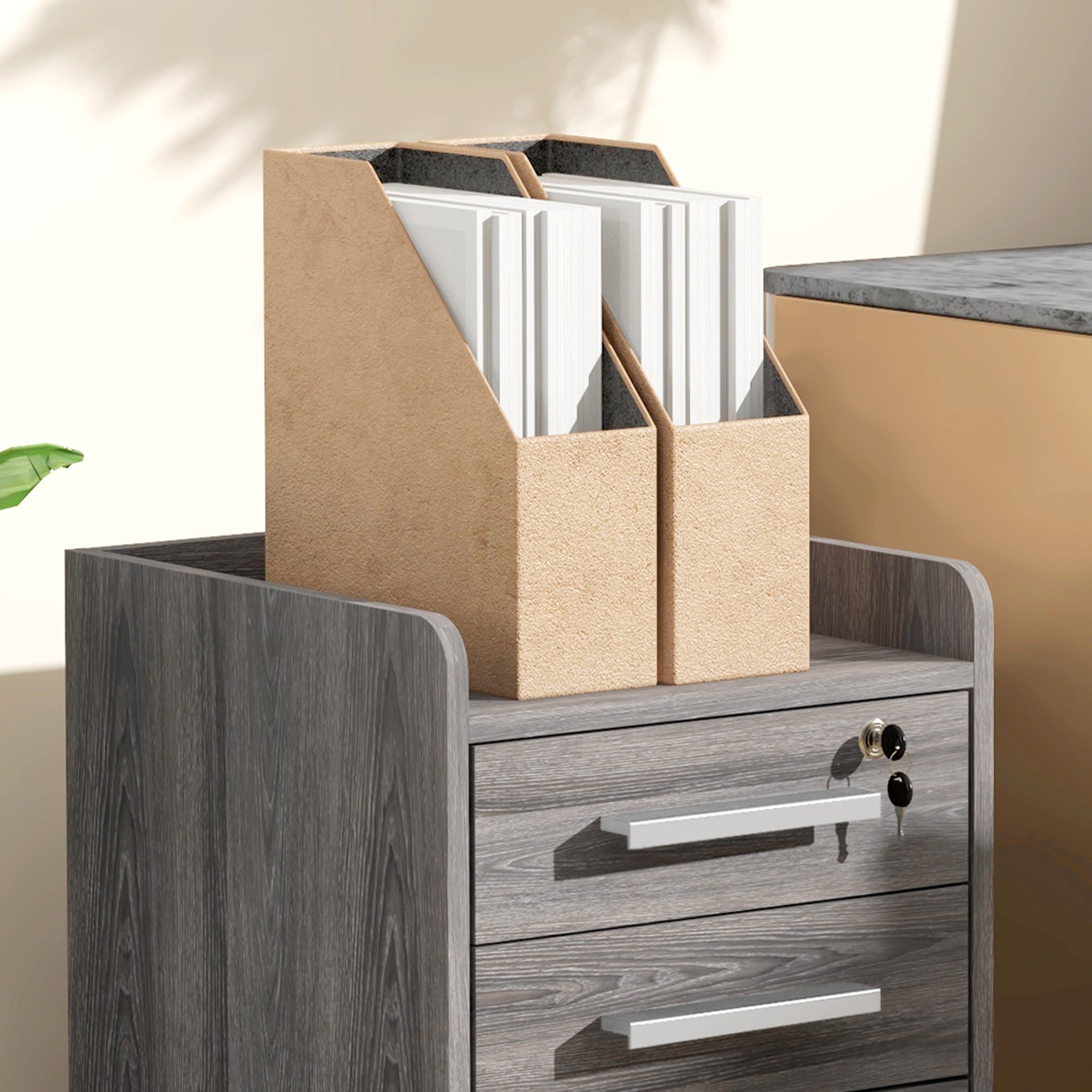 HOMCOM 3 Drawer File Cabinet with Lock and Edged Top, Lockable Filing Cabinet on Wheels with Hanging Bars for Letter and A4 Size, Grey