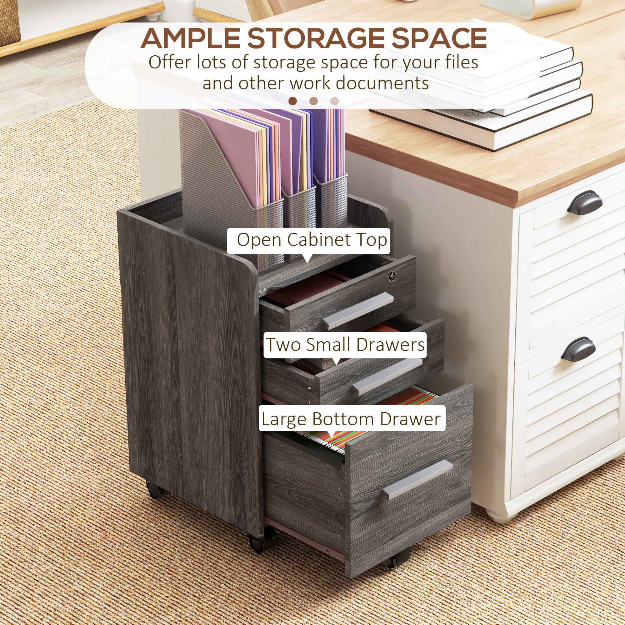 HOMCOM 3 Drawer File Cabinet with Lock and Edged Top, Lockable Filing Cabinet on Wheels with Hanging Bars for Letter and A4 Size, Grey