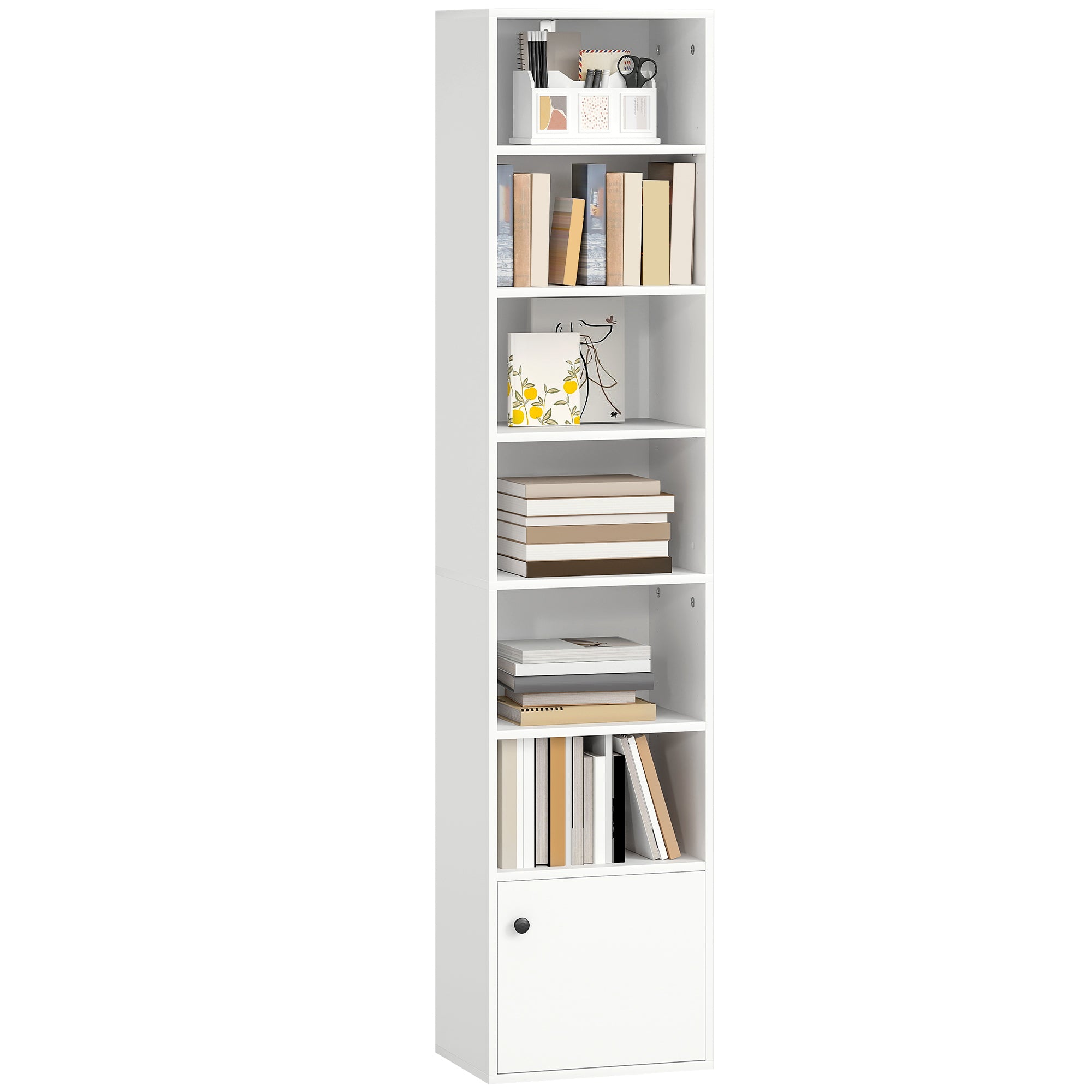 7-Tier Bookcase with Adjustable Shelf, Modern Freestanding Display Shelf Unit with Cabinet for Living Room, Office, White