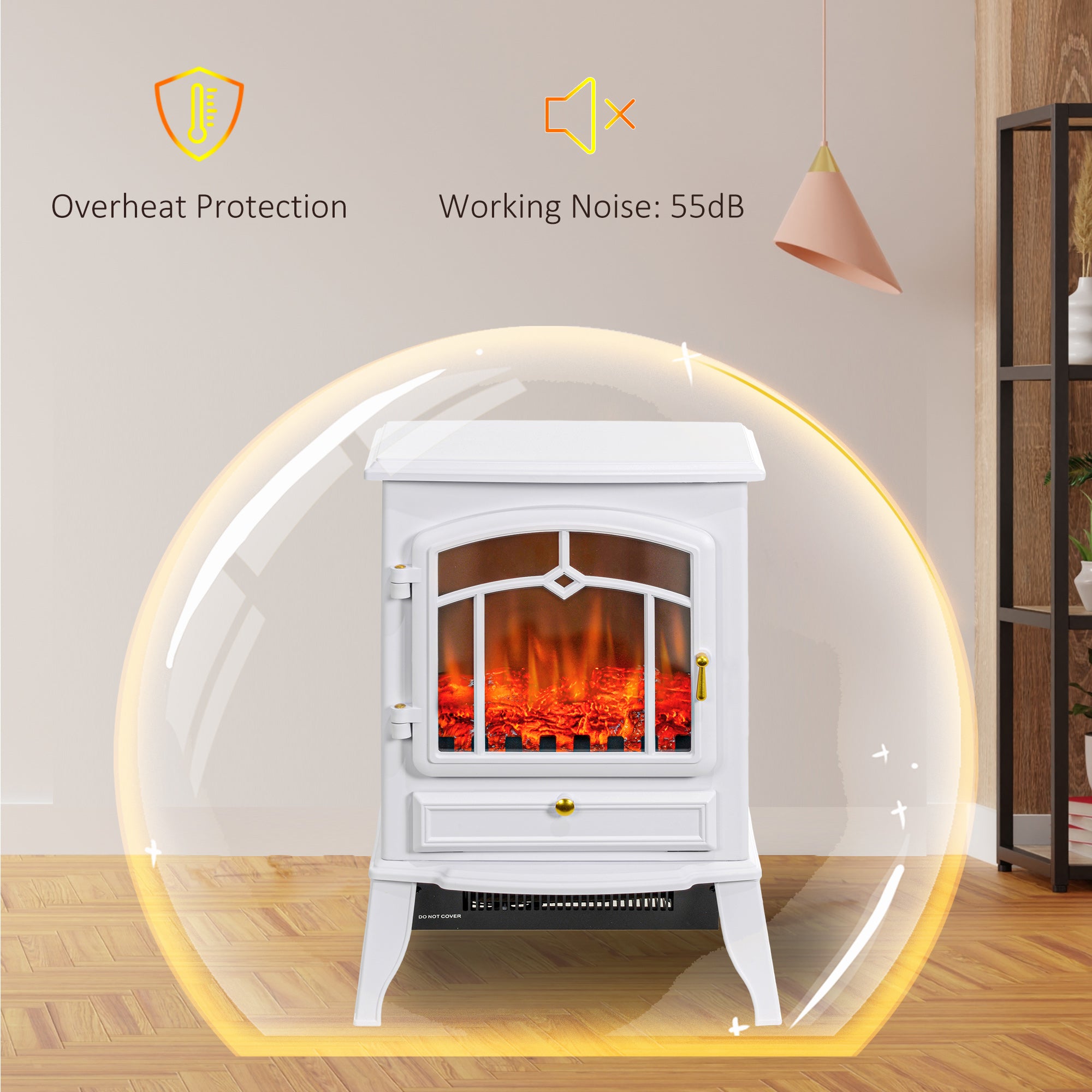 22" Electric Fireplace Stove, 1500W Freestanding Fireplace Heater with Adjustable Temperature, Overheat Protection, Adjustable Brightness, White