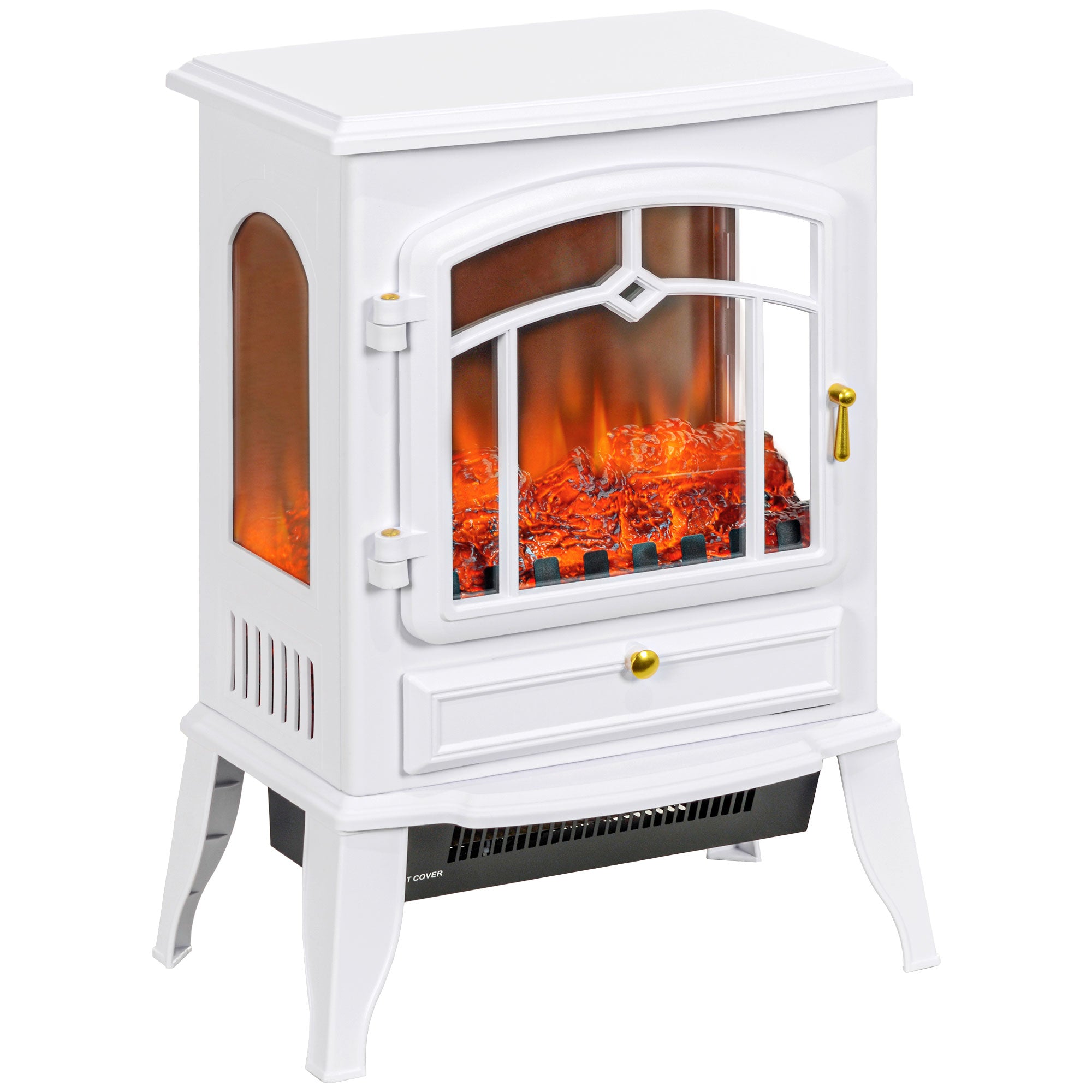 22" Electric Fireplace Stove, 1500W Freestanding Fireplace Heater with Adjustable Temperature, Overheat Protection, Adjustable Brightness, White