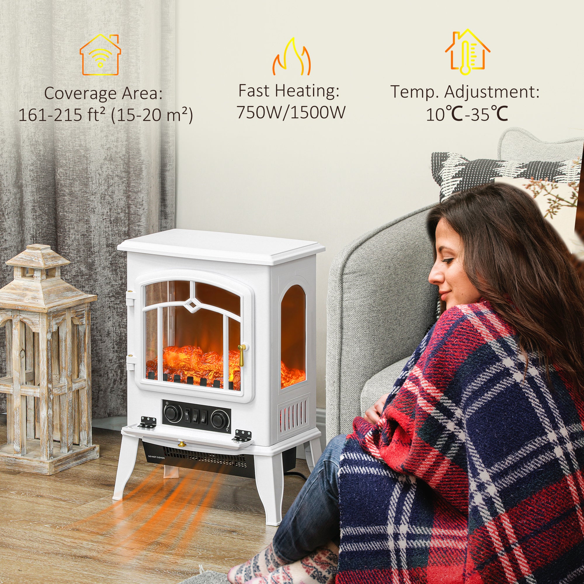 22" Electric Fireplace Stove, 1500W Freestanding Fireplace Heater with Adjustable Temperature, Overheat Protection, Adjustable Brightness, White
