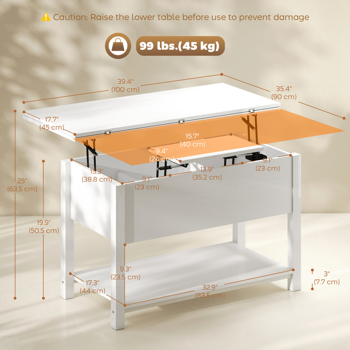 Lift Top Coffee Table with Storage and Hidden Compartment, 39.4" Modern Convertible Center Table with Open Shelf for Living Room, Home Office, White