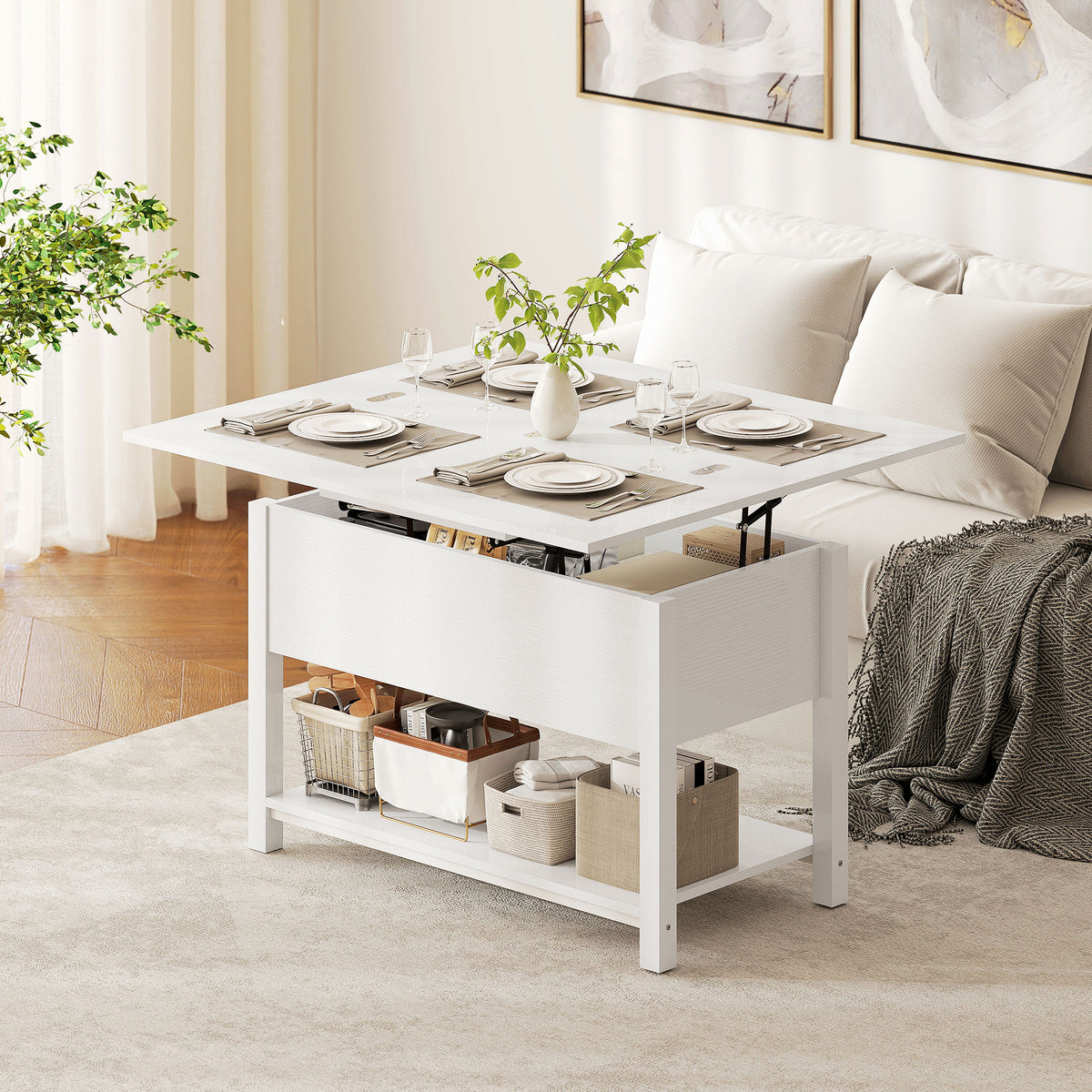 Lift Top Coffee Table with Storage and Hidden Compartment, 39.4" Modern Convertible Center Table with Open Shelf for Living Room, Home Office, White