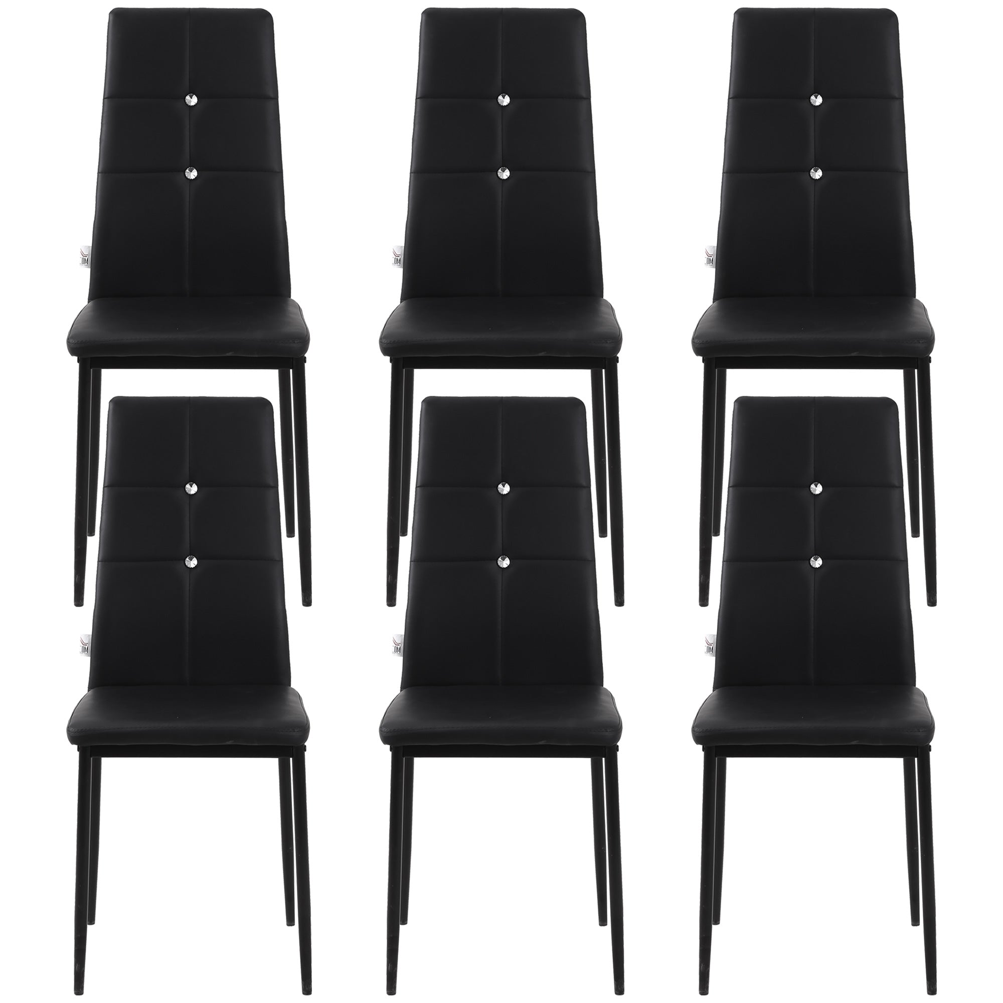HOMCOM Modern Dining Chairs Set of 6, Upholstered Faux Leather Kitchen Chairs with Crystal Tufting and Metal Legs for Living Room, Dining Room, Bedroom, Black