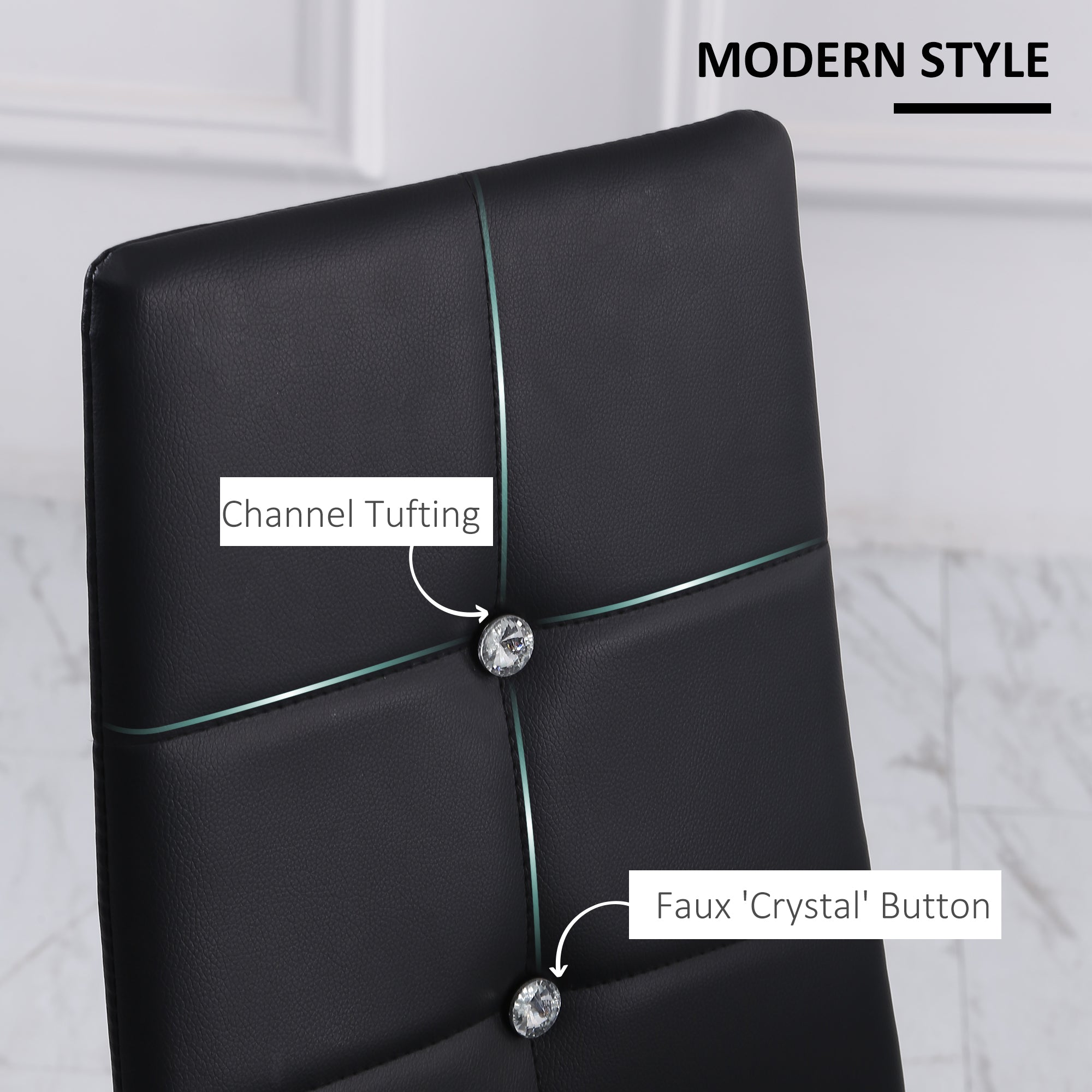 HOMCOM Modern Dining Chairs Set of 6, Upholstered Faux Leather Kitchen Chairs with Crystal Tufting and Metal Legs for Living Room, Dining Room, Bedroom, Black