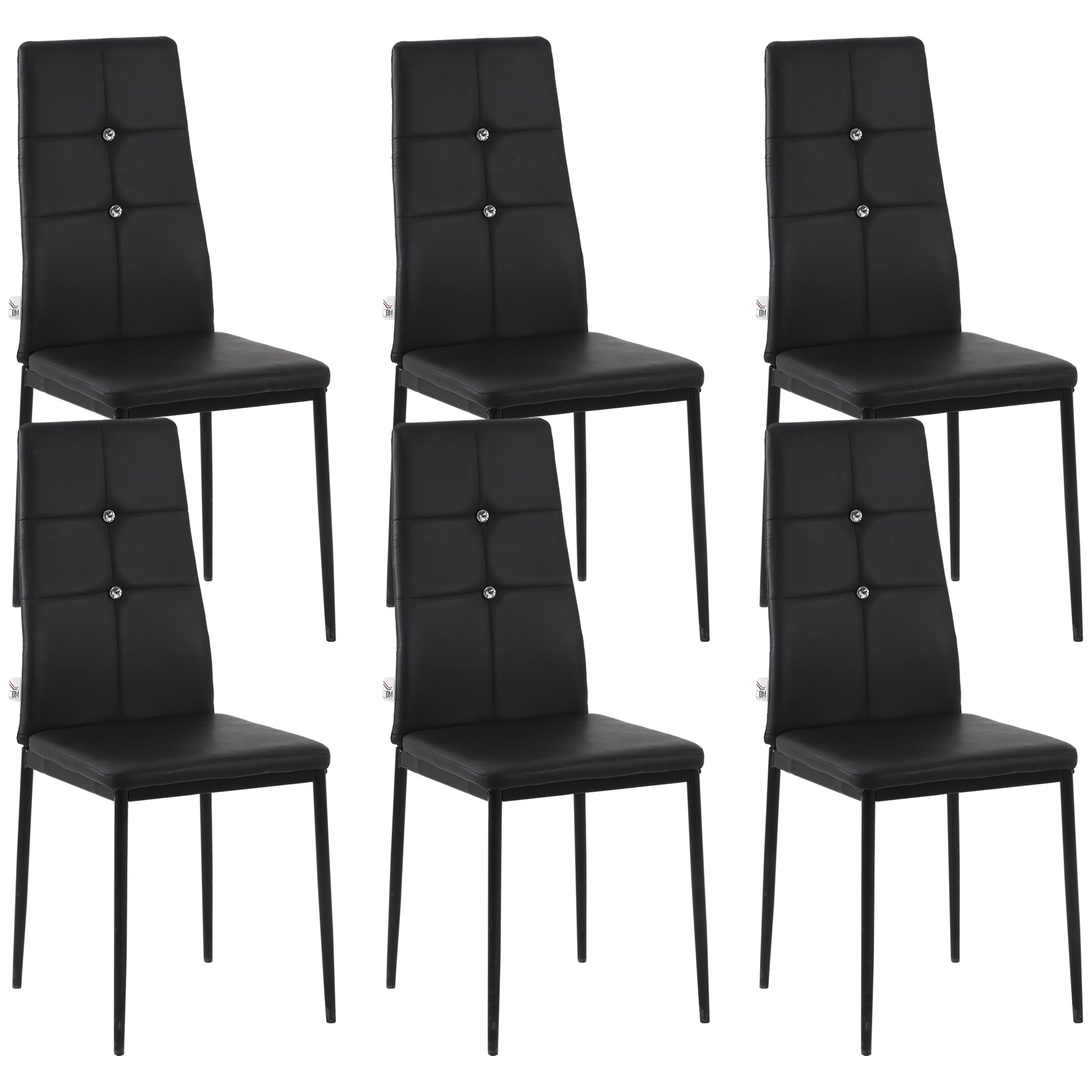 HOMCOM Modern Dining Chairs Set of 6, Upholstered Faux Leather Kitchen Chairs with Crystal Tufting and Metal Legs for Living Room, Dining Room, Bedroom, Black