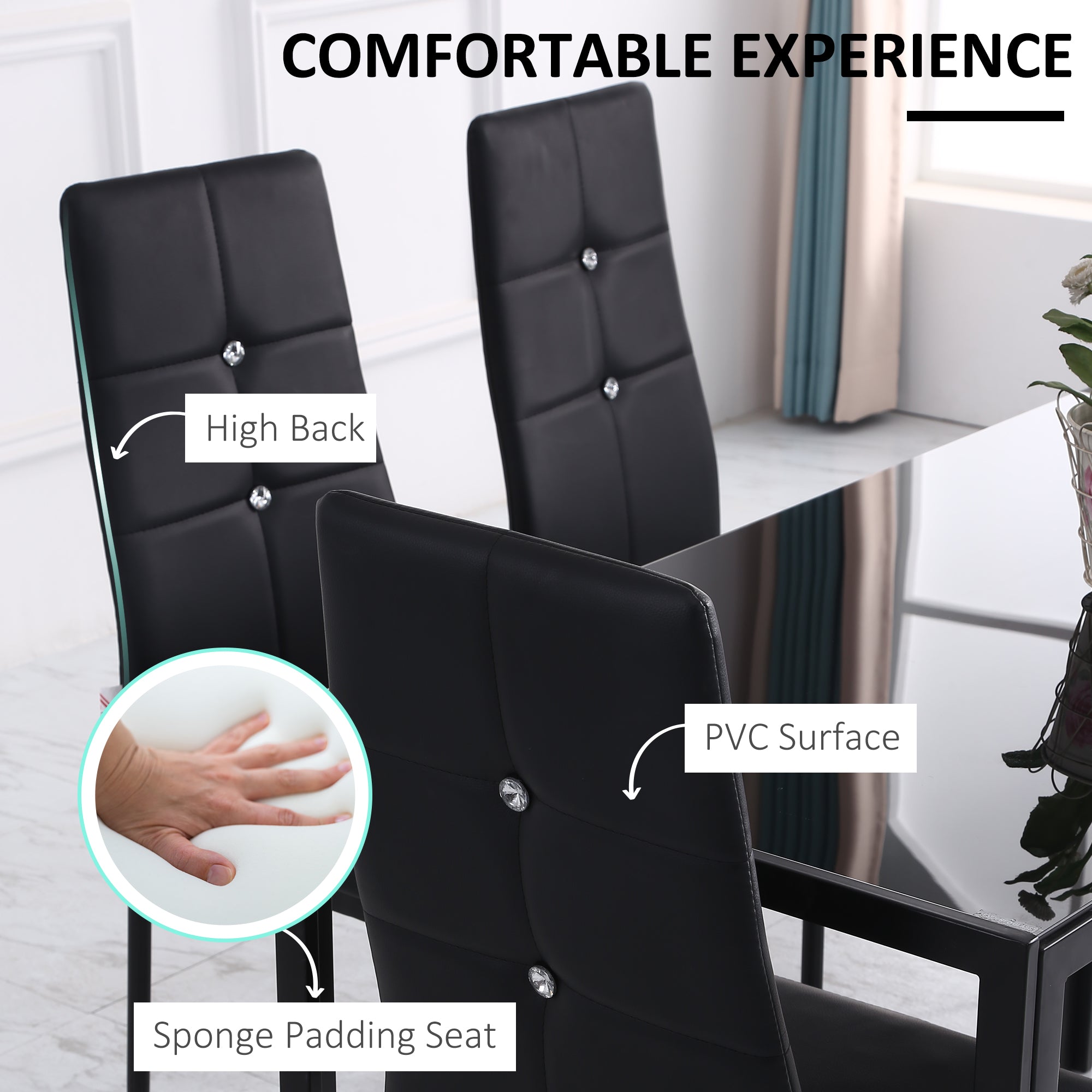 HOMCOM Modern Dining Chairs Set of 6, Upholstered Faux Leather Kitchen Chairs with Crystal Tufting and Metal Legs for Living Room, Dining Room, Bedroom, Black