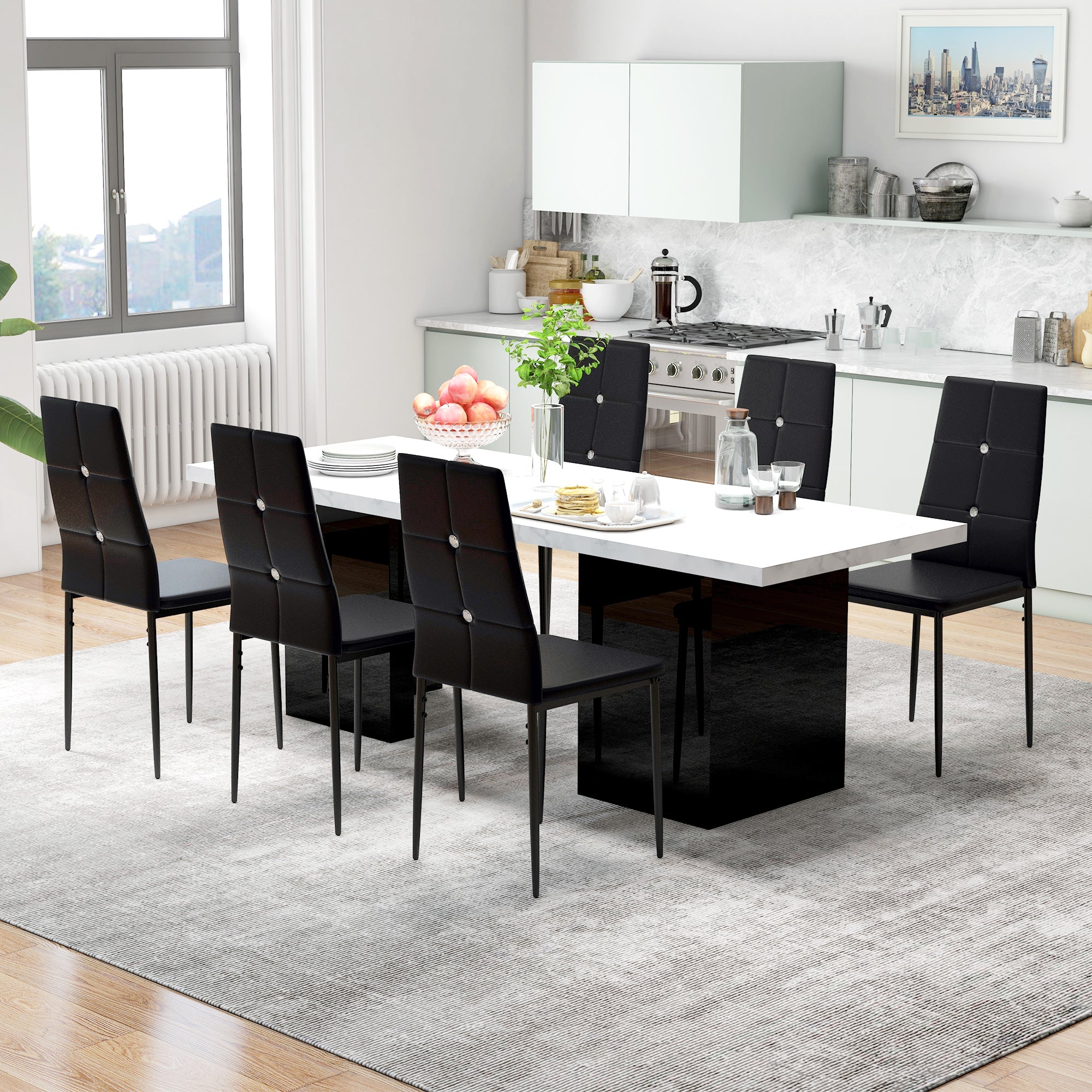 HOMCOM Modern Dining Chairs Set of 6, Upholstered Faux Leather Kitchen Chairs with Crystal Tufting and Metal Legs for Living Room, Dining Room, Bedroom, Black