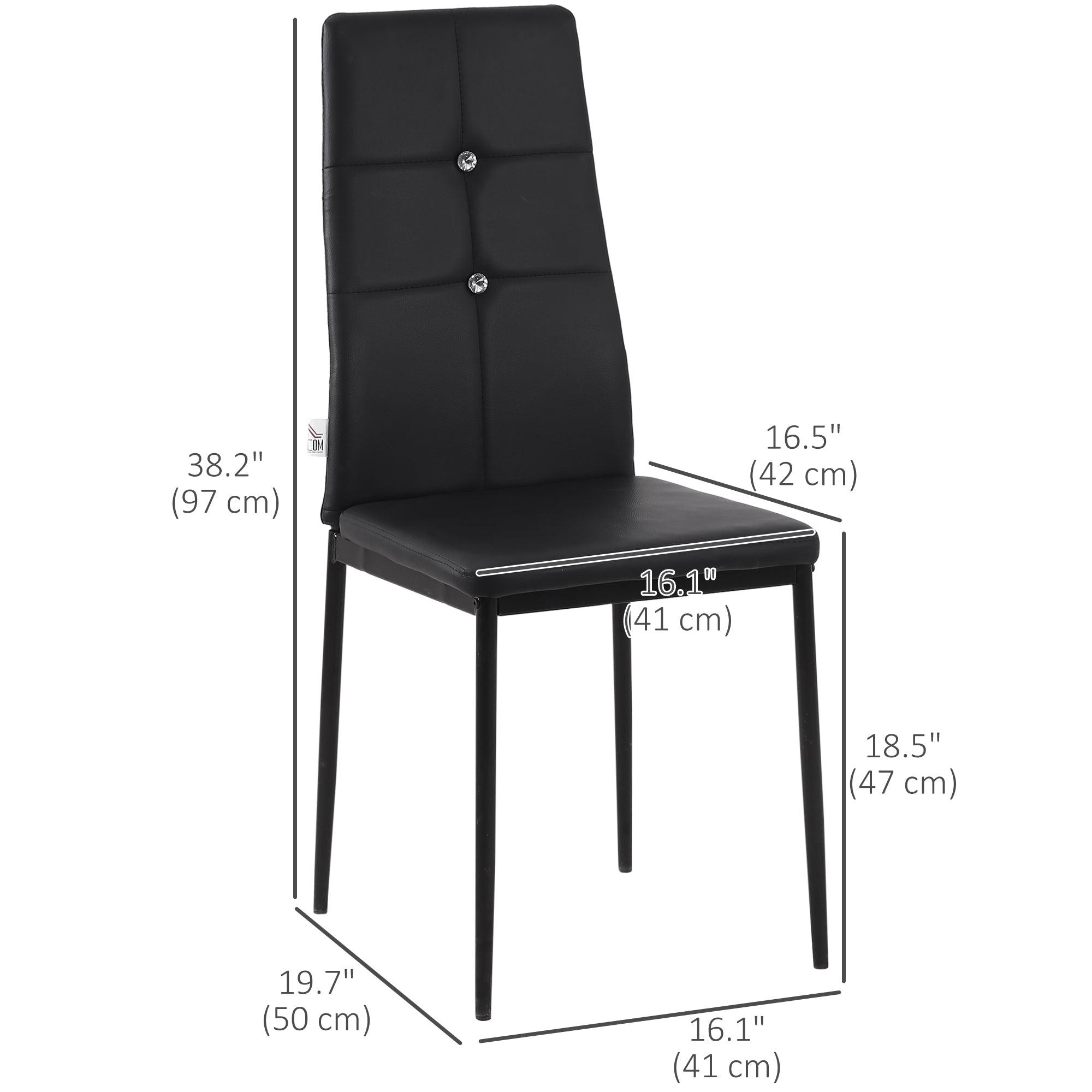 HOMCOM Modern Dining Chairs Set of 6, Upholstered Faux Leather Kitchen Chairs with Crystal Tufting and Metal Legs for Living Room, Dining Room, Bedroom, Black