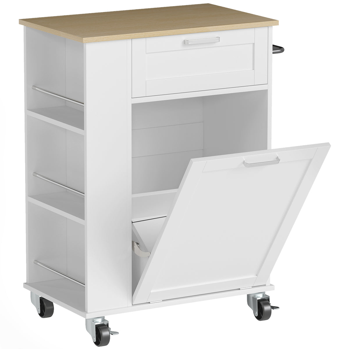 Kitchen Storage Trolley on Wheels, Rolling Kitchen Island with Drawer, Tilt-Out Rubbish Cabinet, 3-Tier Side Racks and Towel Rail for Dining Room, White