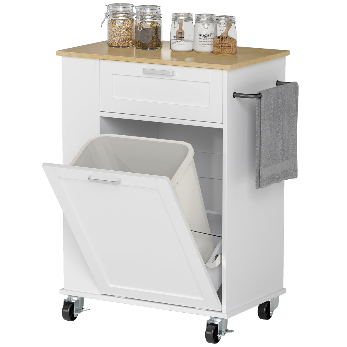 Kitchen Storage Trolley on Wheels, Rolling Kitchen Island with Drawer, Tilt-Out Rubbish Cabinet, 3-Tier Side Racks and Towel Rail for Dining Room, White