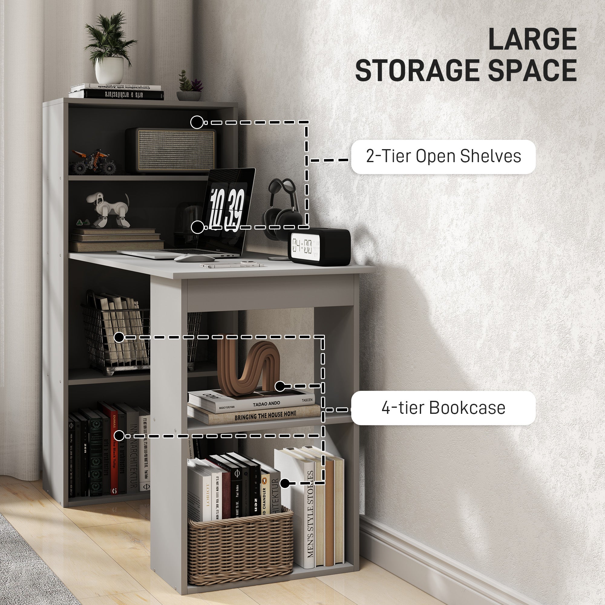 HOMCOM Modern Home Office Desk with 6-Tier Storage Shelves, 47" Writing Desk with Bookshelf, Gray