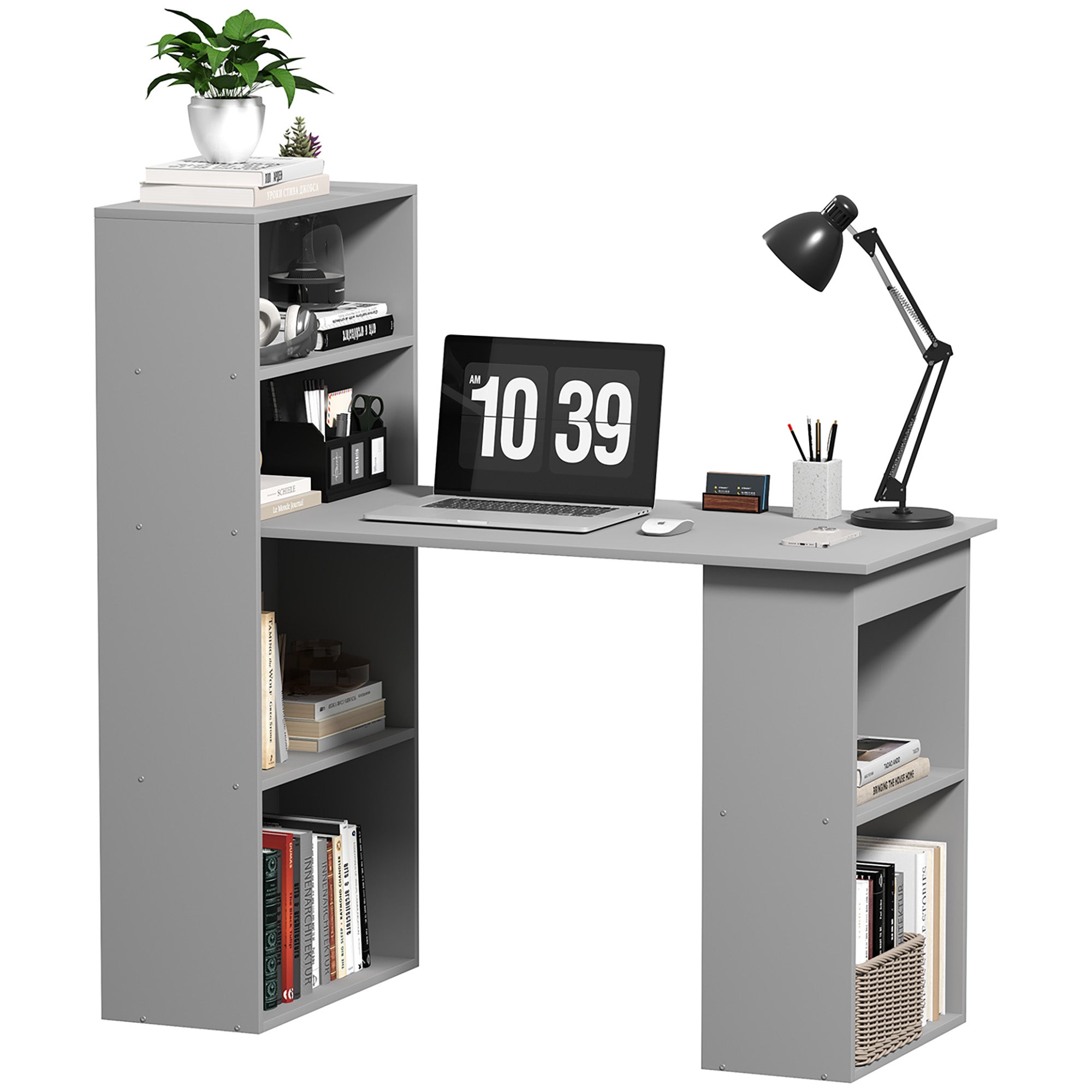 HOMCOM Modern Home Office Desk with 6-Tier Storage Shelves, 47" Writing Desk with Bookshelf, Gray
