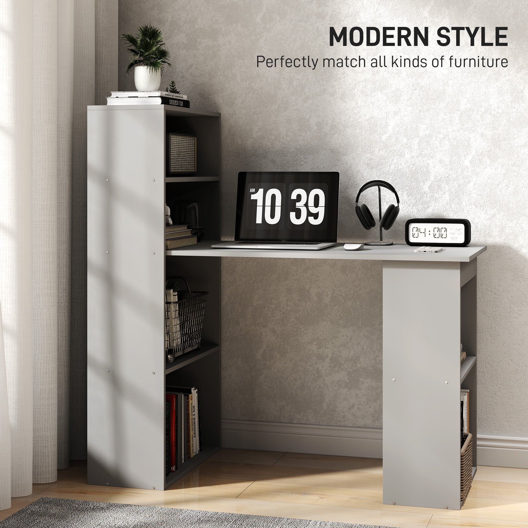 HOMCOM Modern Home Office Desk with 6-Tier Storage Shelves, 47" Writing Desk with Bookshelf, Gray