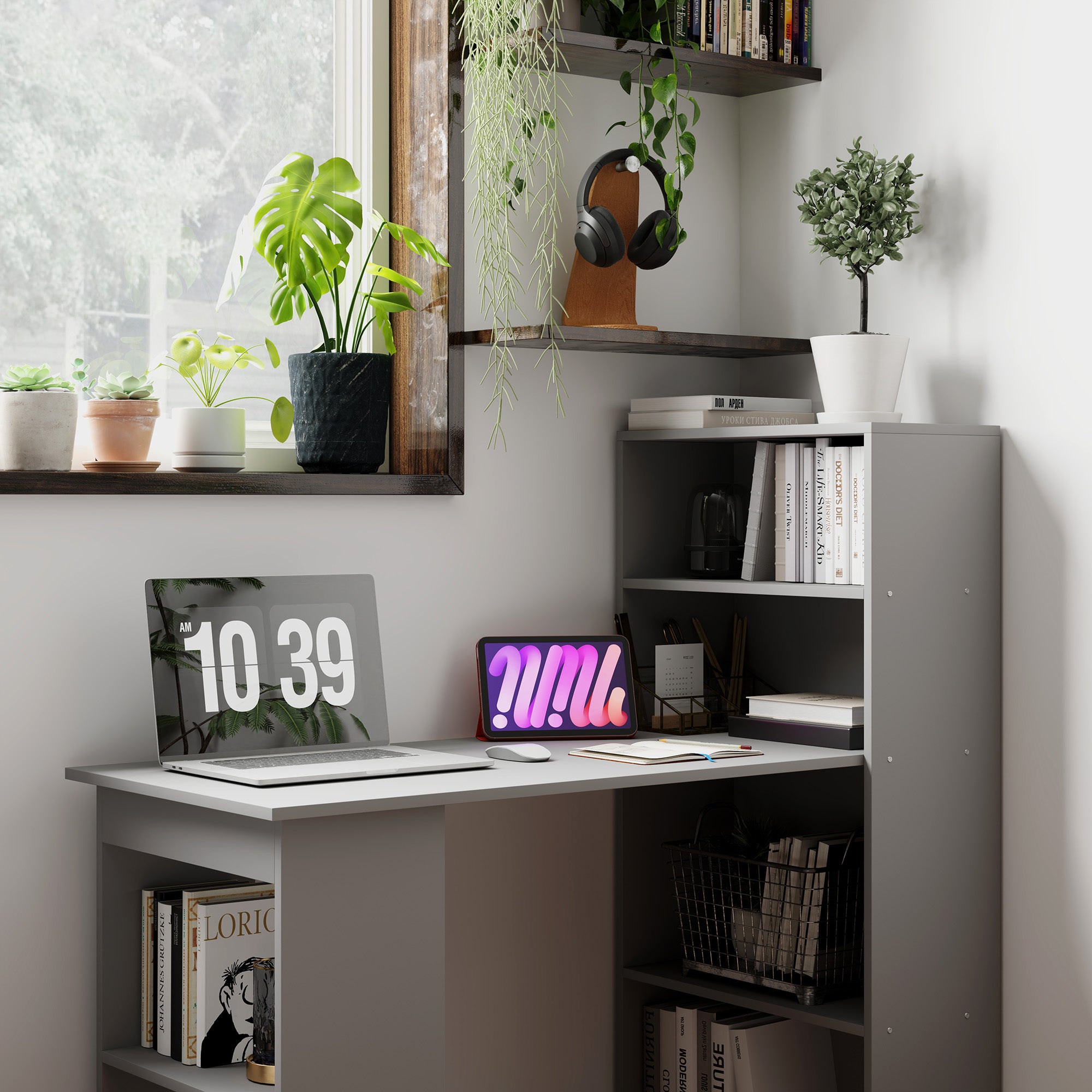 HOMCOM Modern Home Office Desk with 6-Tier Storage Shelves, 47" Writing Desk with Bookshelf, Gray