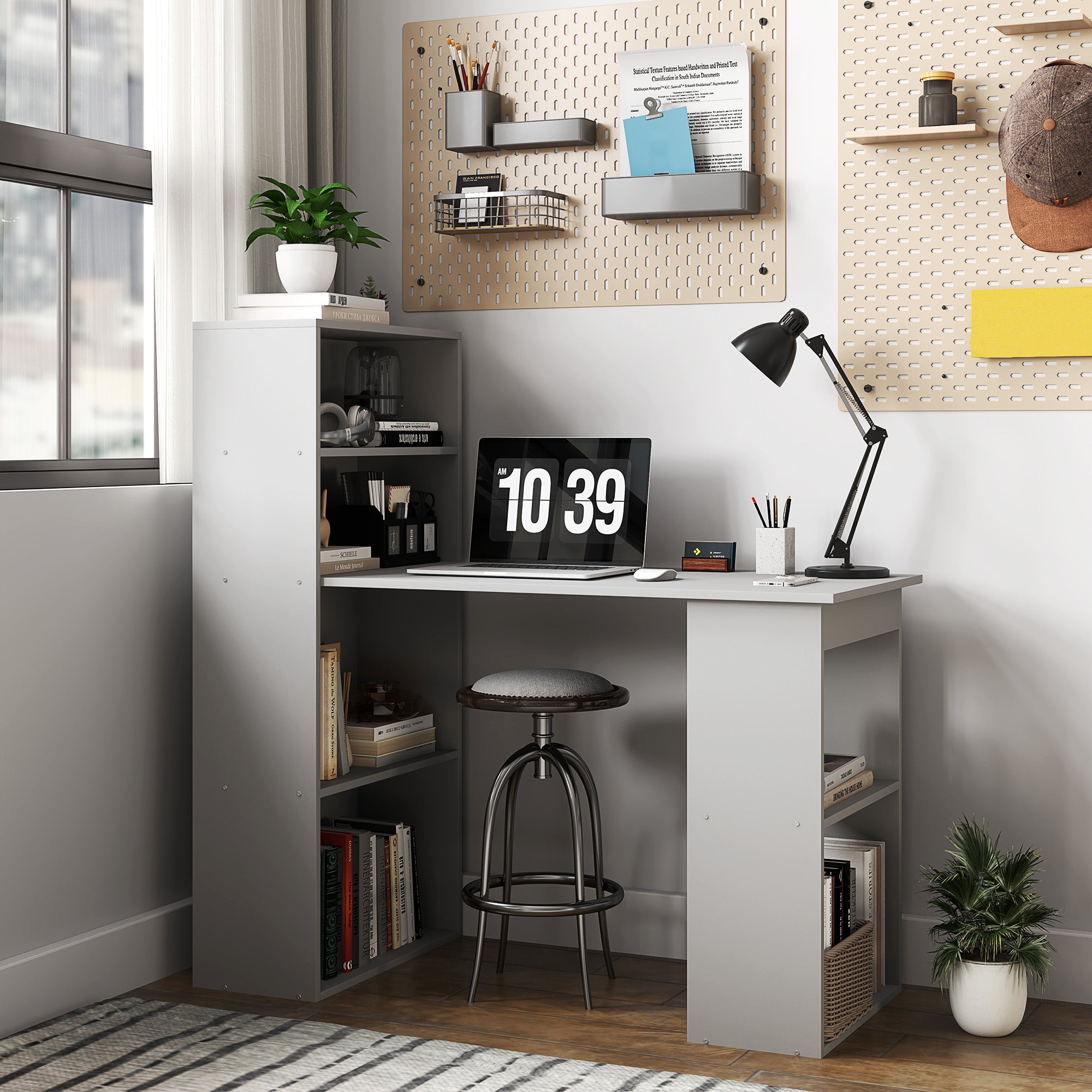 HOMCOM Modern Home Office Desk with 6-Tier Storage Shelves, 47" Writing Desk with Bookshelf, Gray