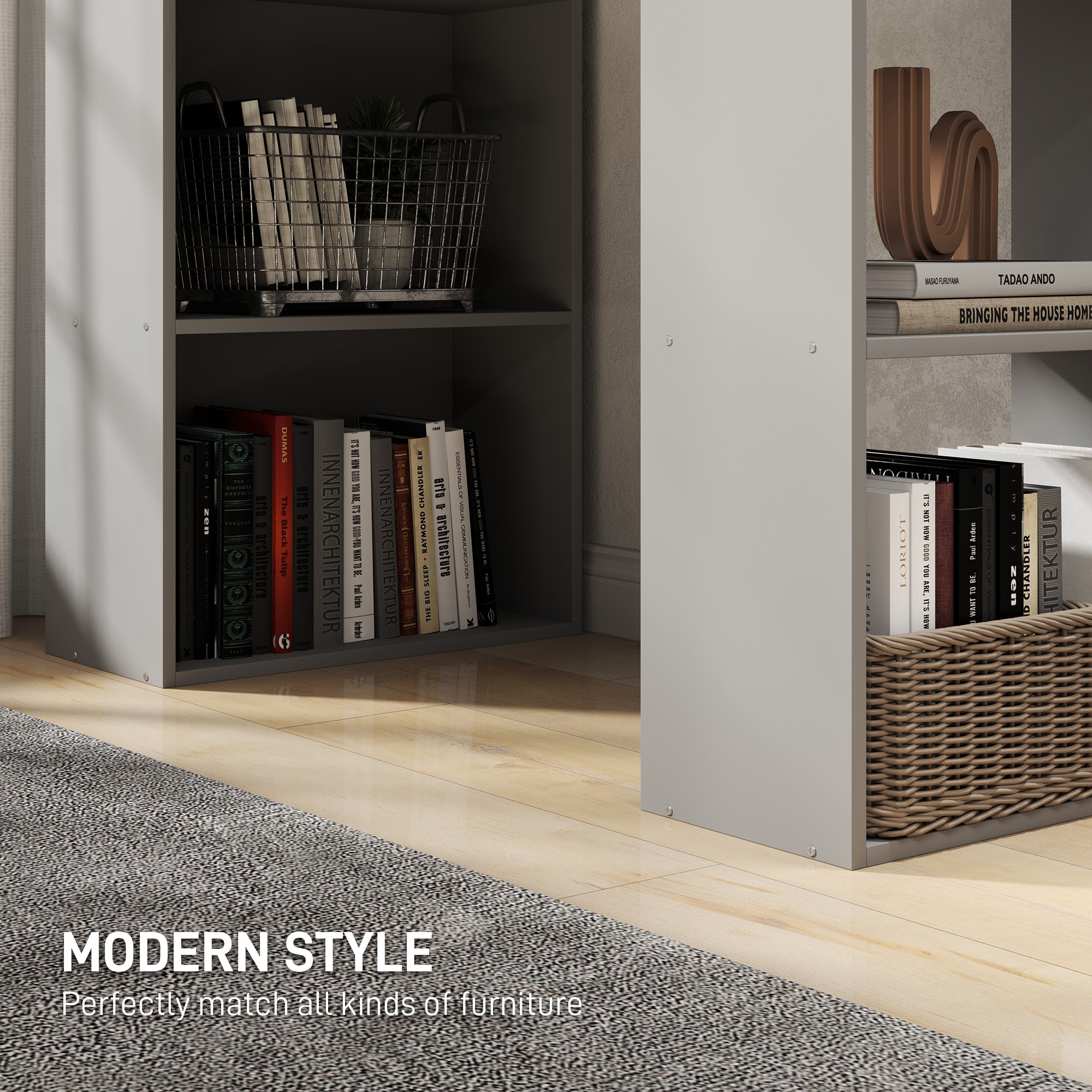 HOMCOM Modern Home Office Desk with 6-Tier Storage Shelves, 47" Writing Desk with Bookshelf, Gray