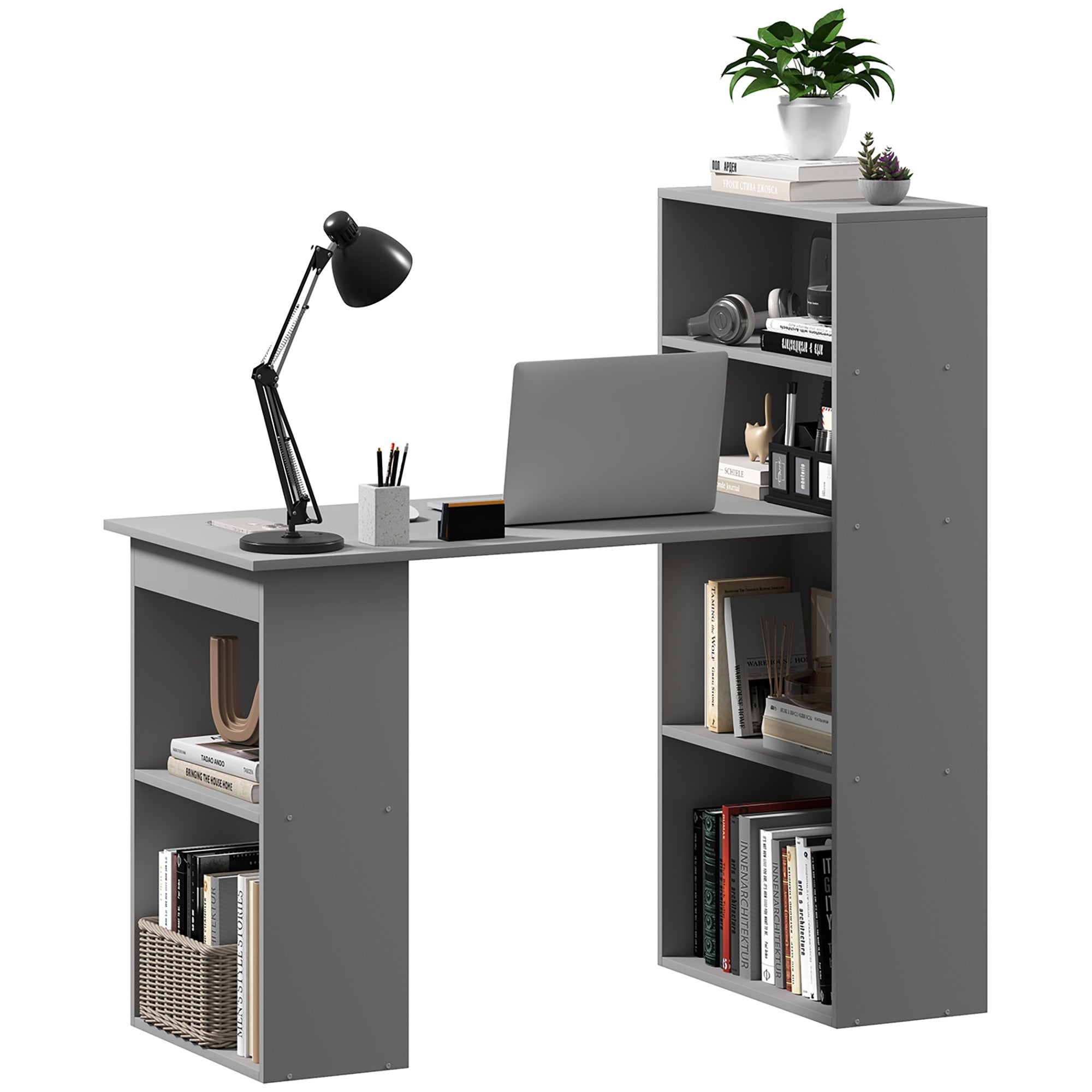 HOMCOM Modern Home Office Desk with 6-Tier Storage Shelves, 47" Writing Desk with Bookshelf, Gray