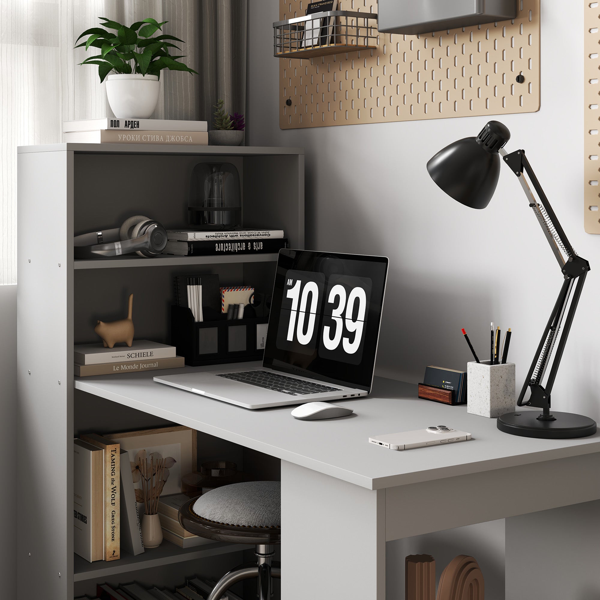 HOMCOM Modern Home Office Desk with 6-Tier Storage Shelves, 47" Writing Desk with Bookshelf, Gray