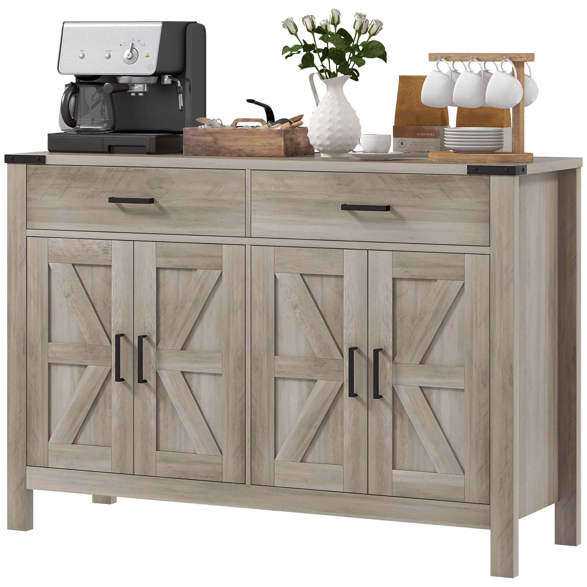 HOMCOM Sideboard with 2 Drawers 2 Storage Cabinets, Buffet Cabinet with Barn-style Doors and Adjustable Shelves, Farmhouse Kitchen Cabinet, Grey