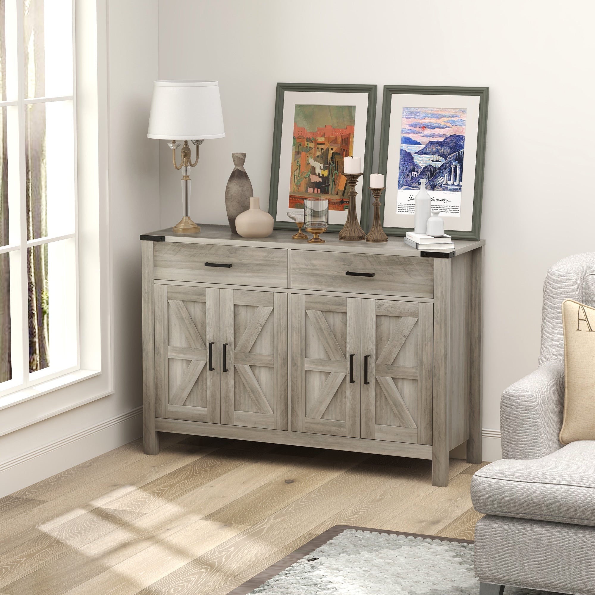 HOMCOM Sideboard with 2 Drawers 2 Storage Cabinets, Buffet Cabinet with Barn-style Doors and Adjustable Shelves, Farmhouse Kitchen Cabinet, Grey