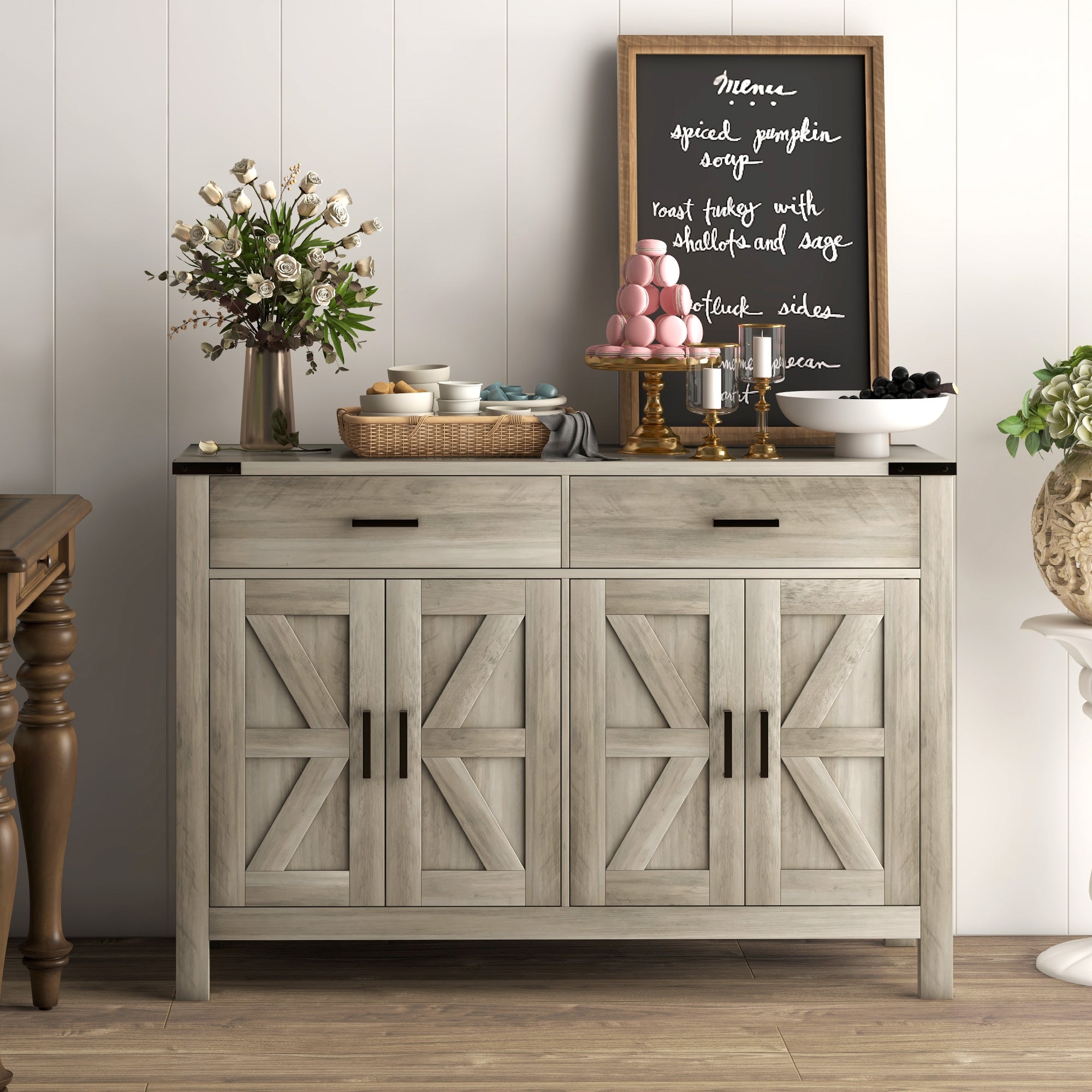 HOMCOM Sideboard with 2 Drawers 2 Storage Cabinets, Buffet Cabinet with Barn-style Doors and Adjustable Shelves, Farmhouse Kitchen Cabinet, Grey