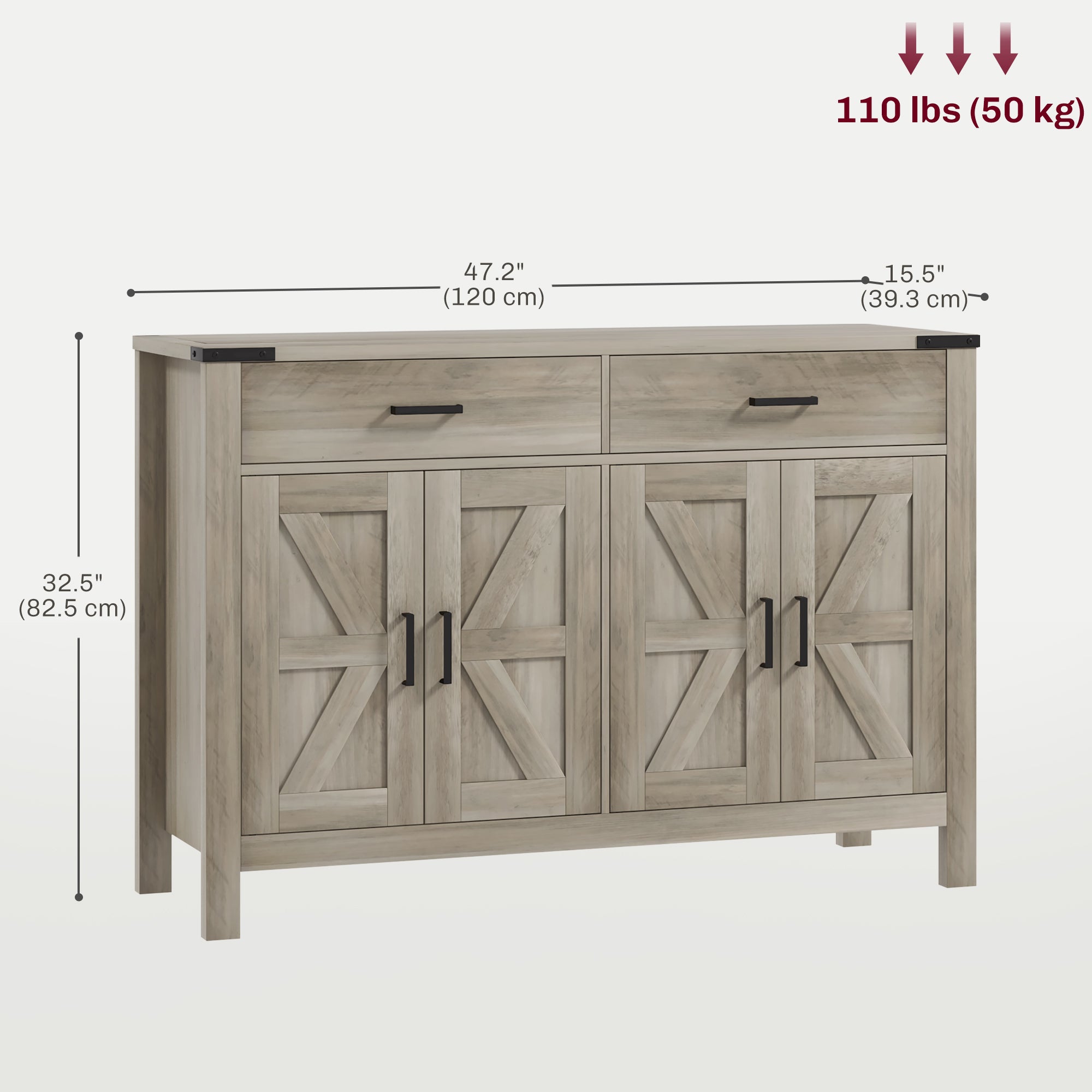 HOMCOM Sideboard with 2 Drawers 2 Storage Cabinets, Buffet Cabinet with Barn-style Doors and Adjustable Shelves, Farmhouse Kitchen Cabinet, Grey