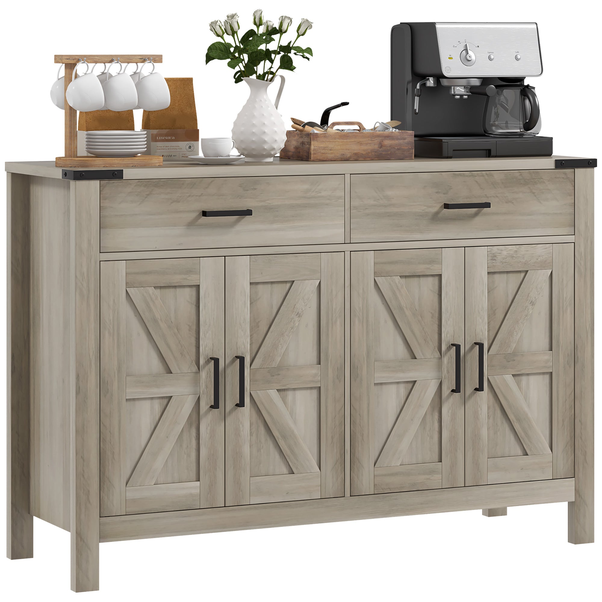 HOMCOM Sideboard with 2 Drawers 2 Storage Cabinets, Buffet Cabinet with Barn-style Doors and Adjustable Shelves, Farmhouse Kitchen Cabinet, Grey