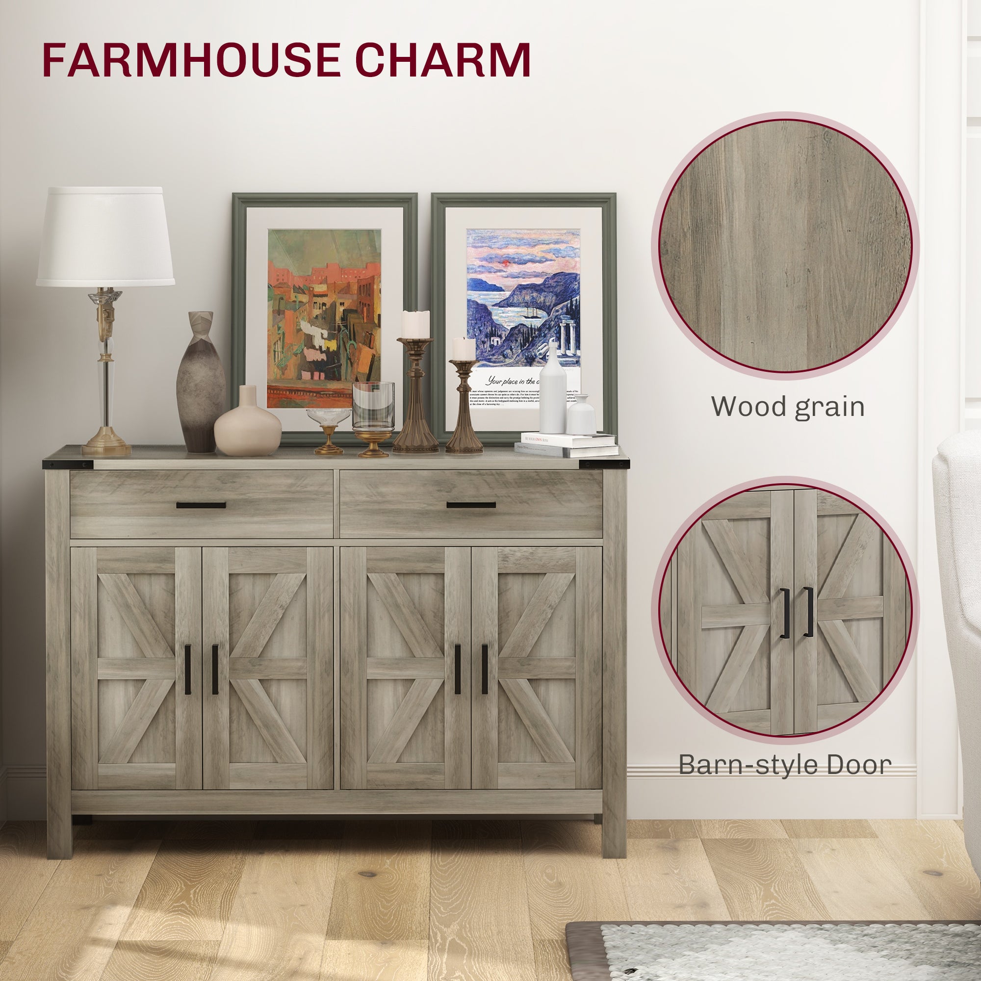 HOMCOM Sideboard with 2 Drawers 2 Storage Cabinets, Buffet Cabinet with Barn-style Doors and Adjustable Shelves, Farmhouse Kitchen Cabinet, Grey