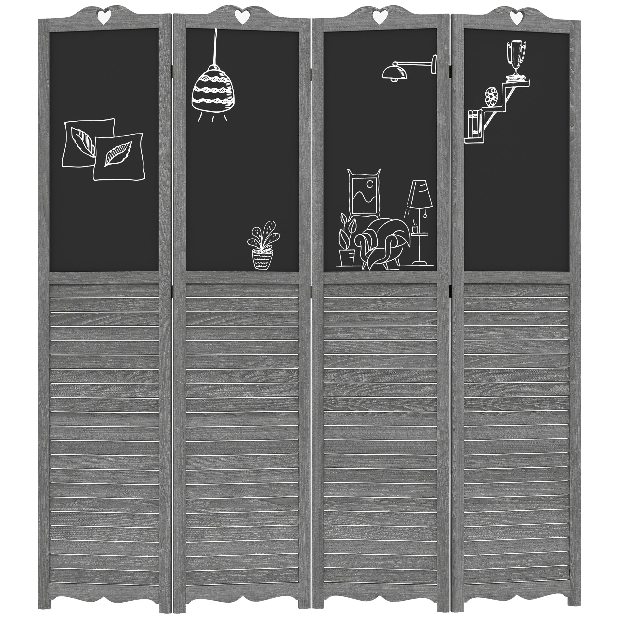 5.5' Wooden Room Divider, 4 Panel Folding Privacy Screen, Blackboard, Gray