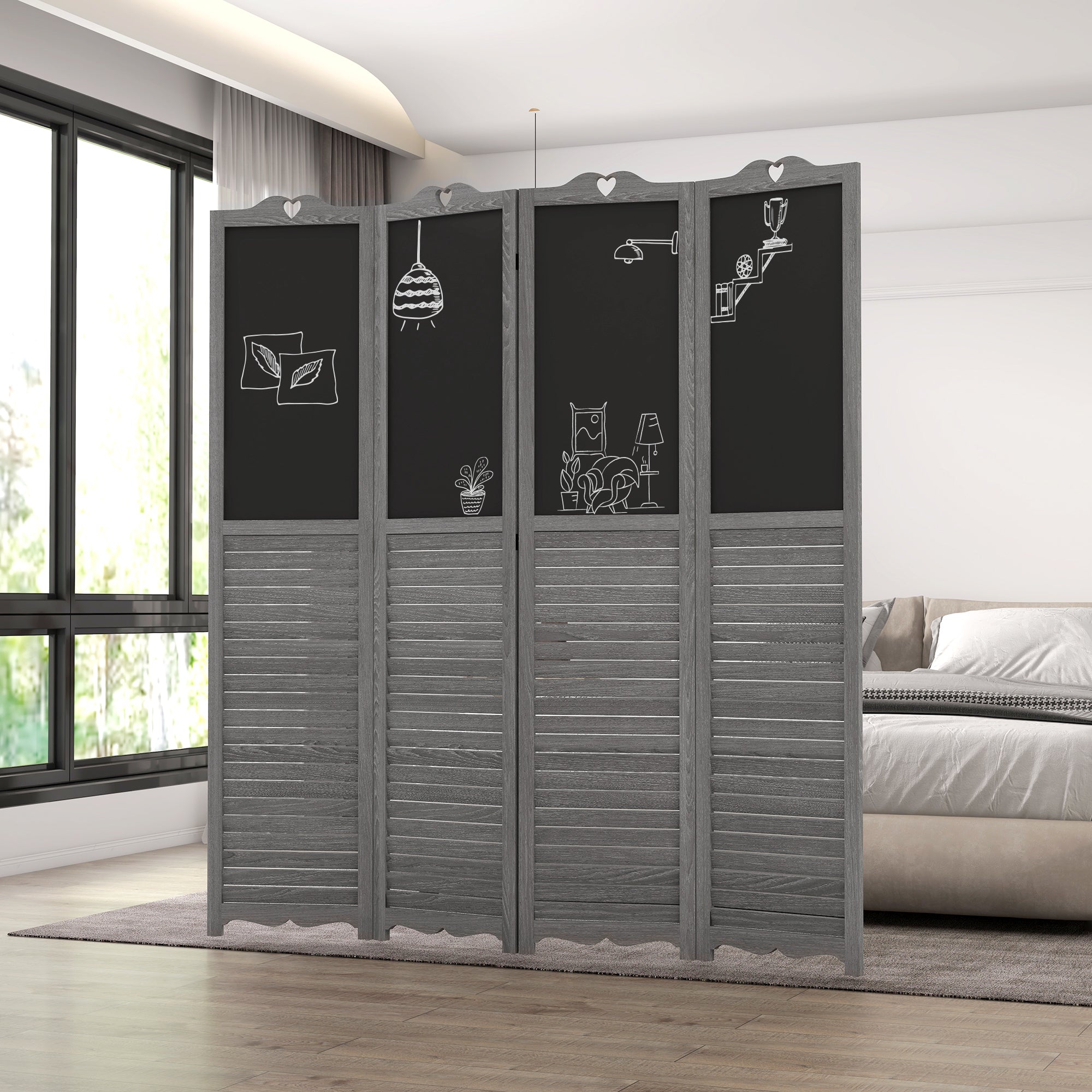 5.5' Wooden Room Divider, 4 Panel Folding Privacy Screen, Blackboard, Gray