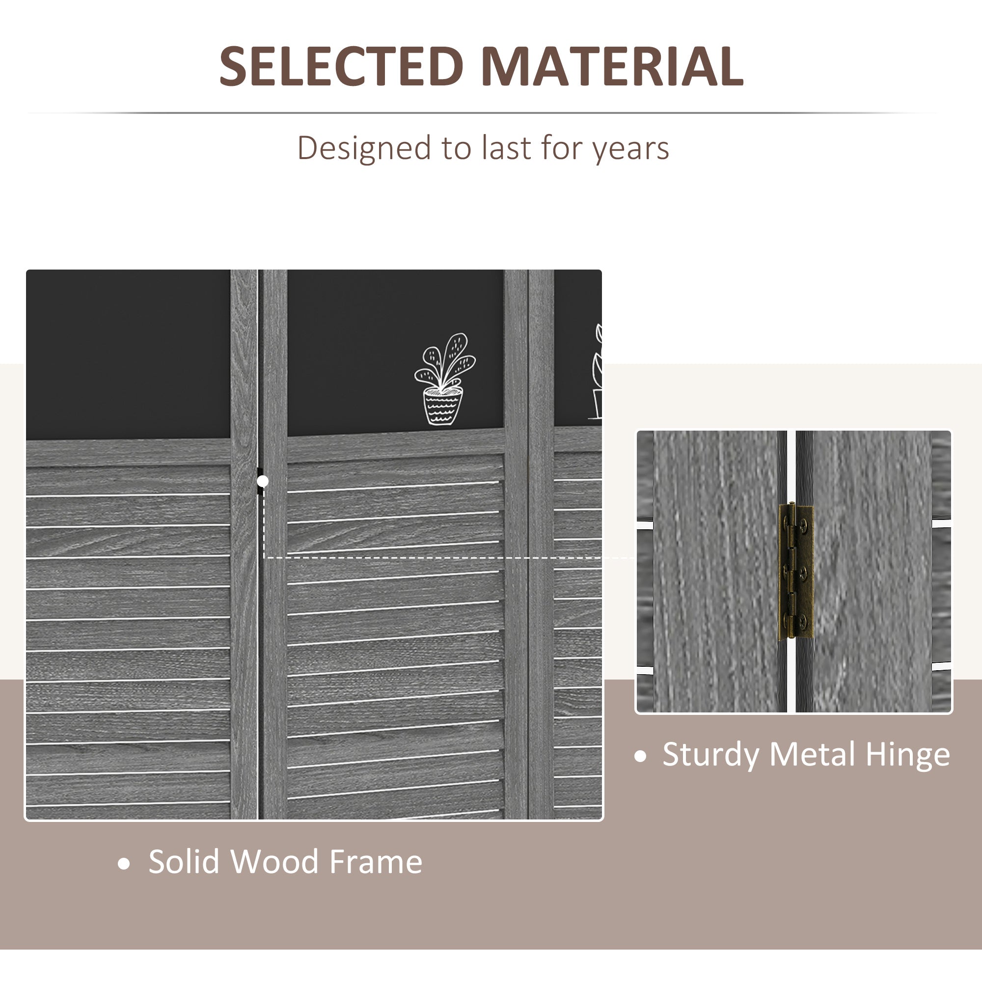 5.5' Wooden Room Divider, 4 Panel Folding Privacy Screen, Blackboard, Gray