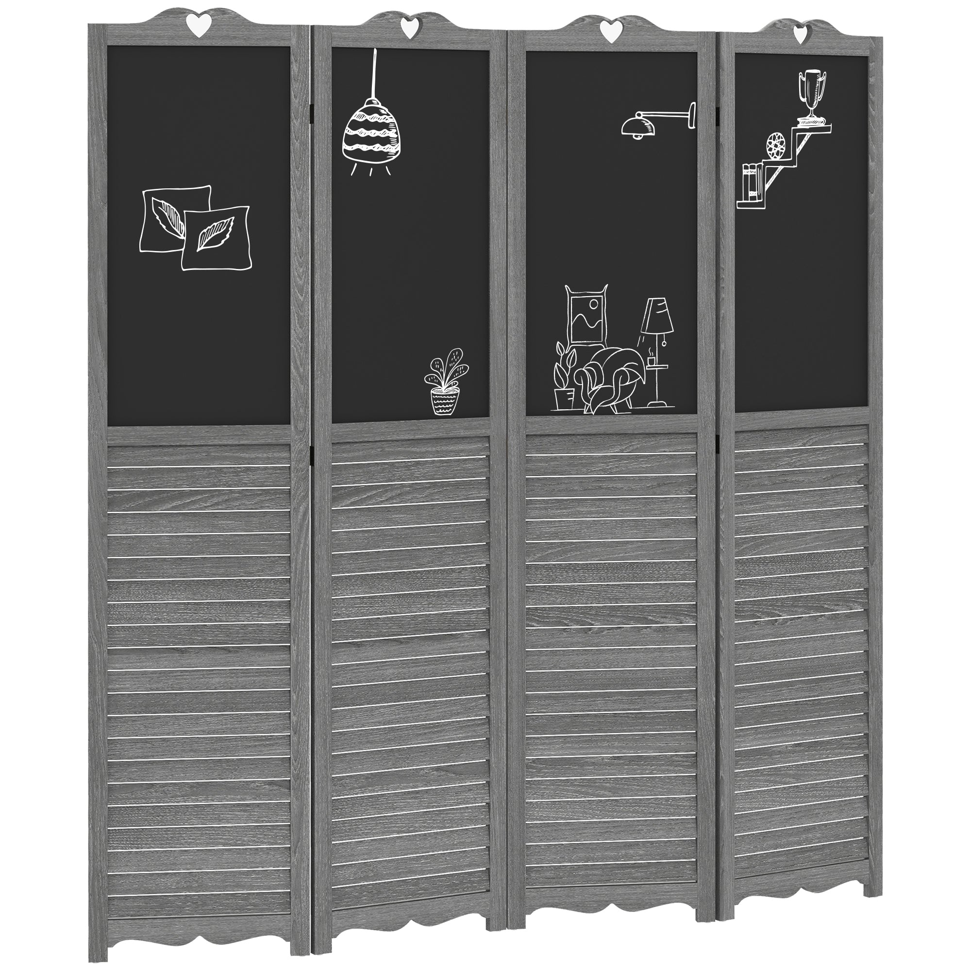 5.5' Wooden Room Divider, 4 Panel Folding Privacy Screen, Blackboard, Gray