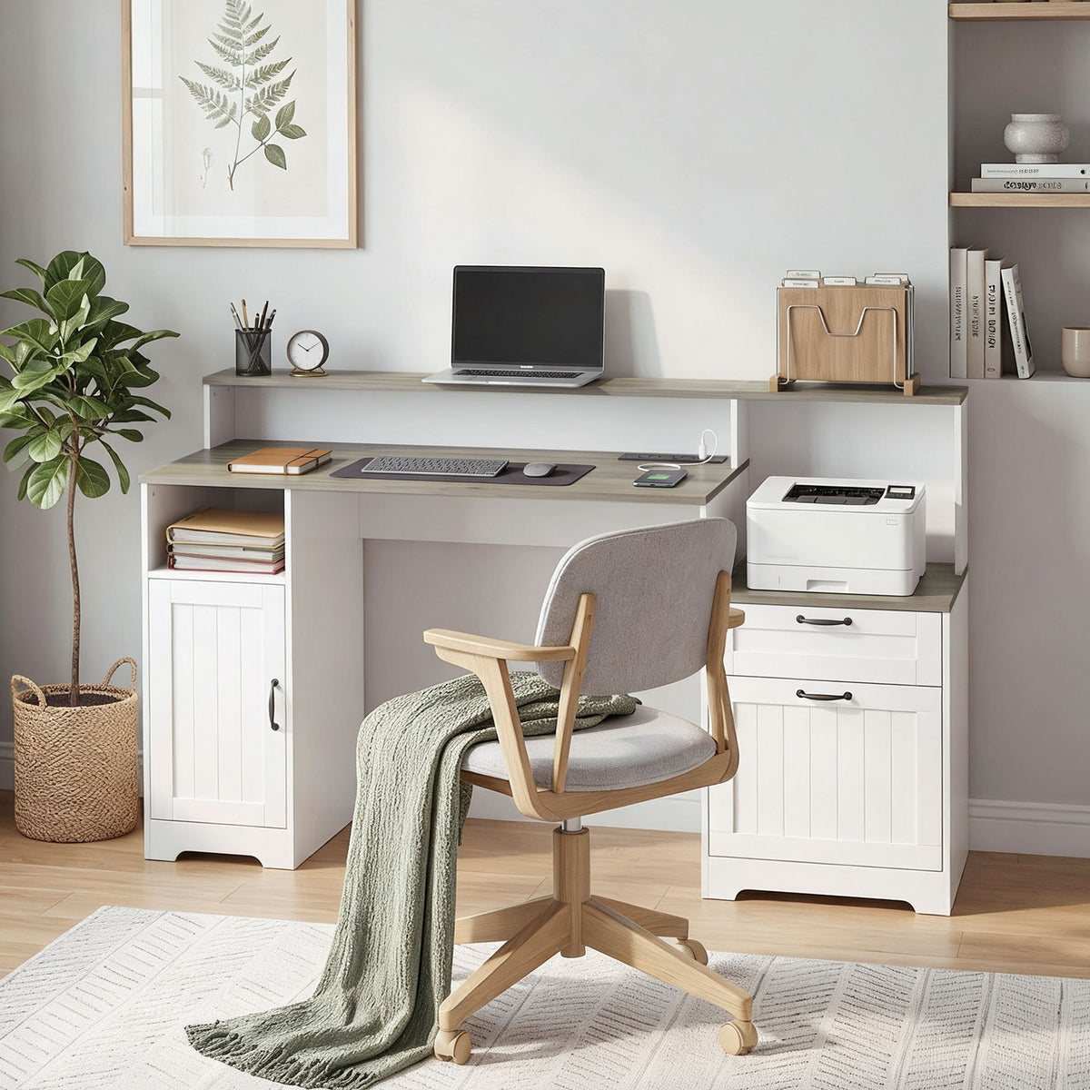 Farmhouse Computer Desk with Drawers, 65" Home Office Desk with Power Outlets, Storage Cabinet, Printer Stand, Monitor Stand, Adjustable Hanging Bar, Grey Brown and White