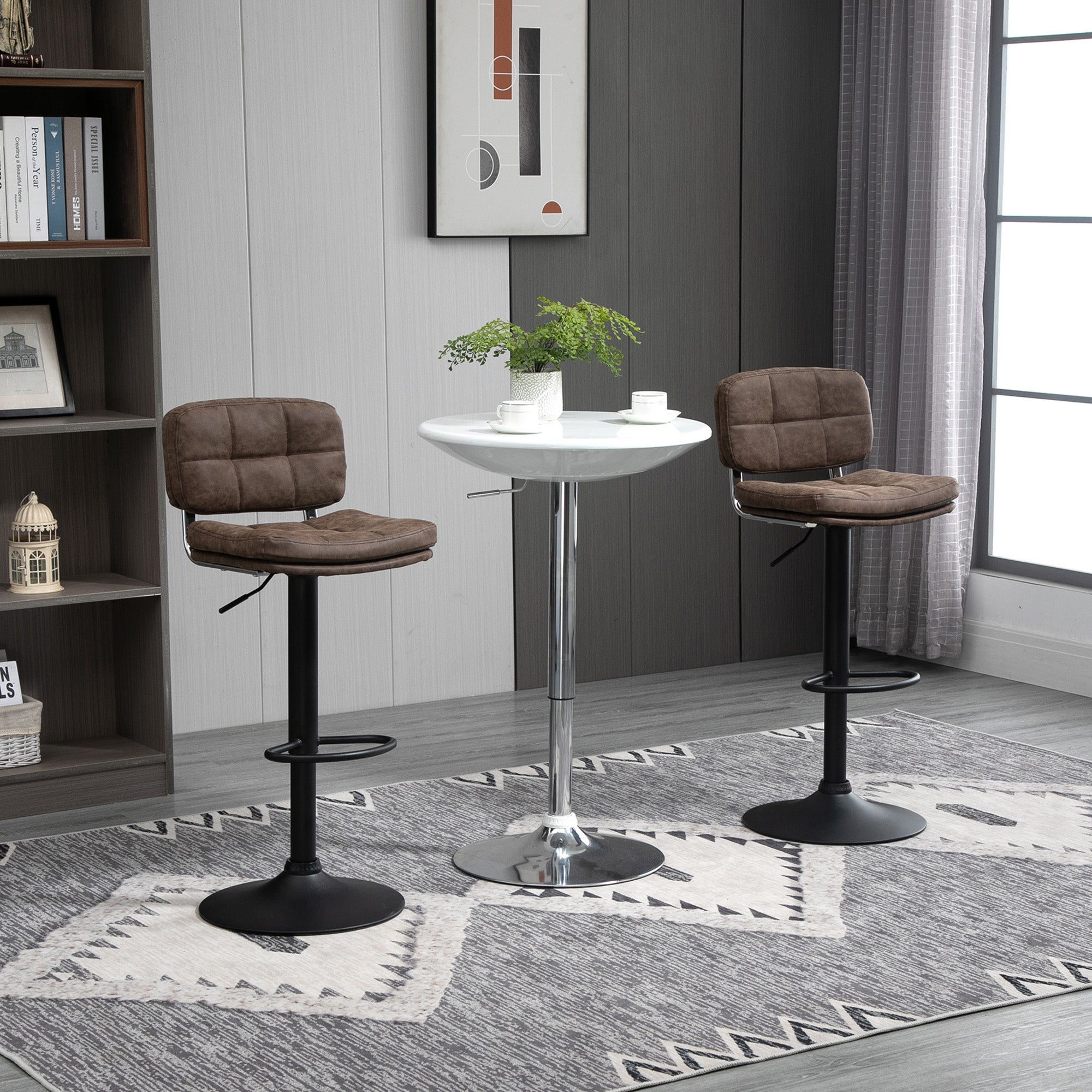 Bar Stools Set of 2, Swivel Counter Height Barstools with Adjustable Height, Back and Footrest, PU Leather Upholstered Bar Chairs for Home Kitchen Island, Brown and Black