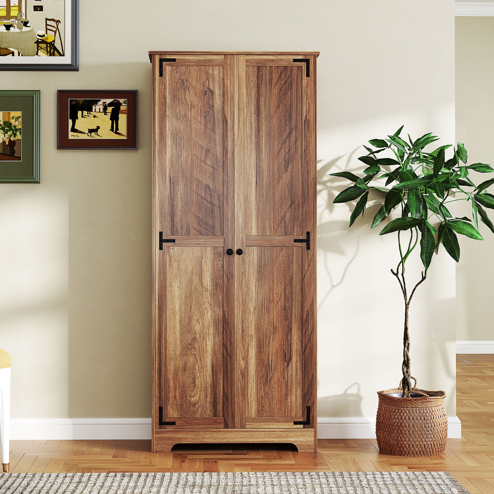 HOMCOM 72" Tall Farmhouse Storage Cabinet, Freestanding Kitchen Pantry Cabinet with Adjustable Shelves and Recessed Doors, Brown