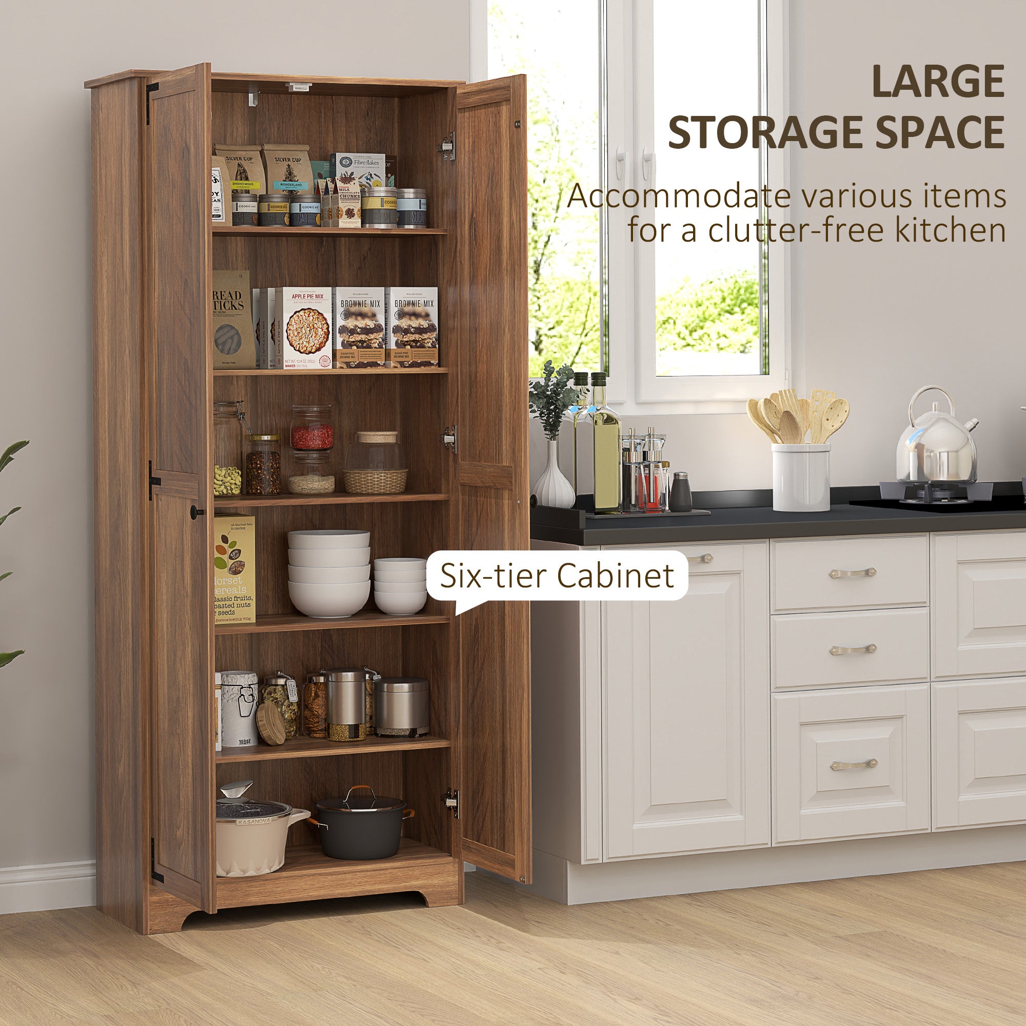 HOMCOM 72" Tall Farmhouse Storage Cabinet, Freestanding Kitchen Pantry Cabinet with Adjustable Shelves and Recessed Doors, Brown