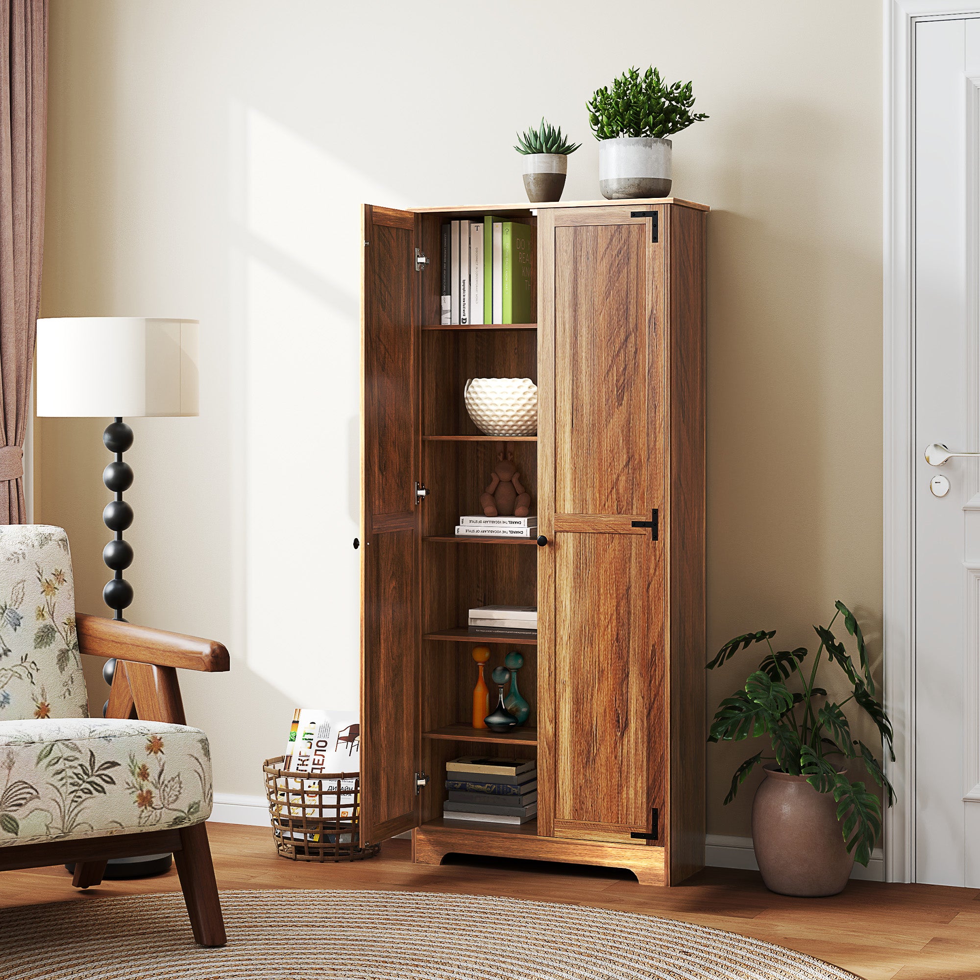 HOMCOM 72" Tall Farmhouse Storage Cabinet, Freestanding Kitchen Pantry Cabinet with Adjustable Shelves and Recessed Doors, Brown