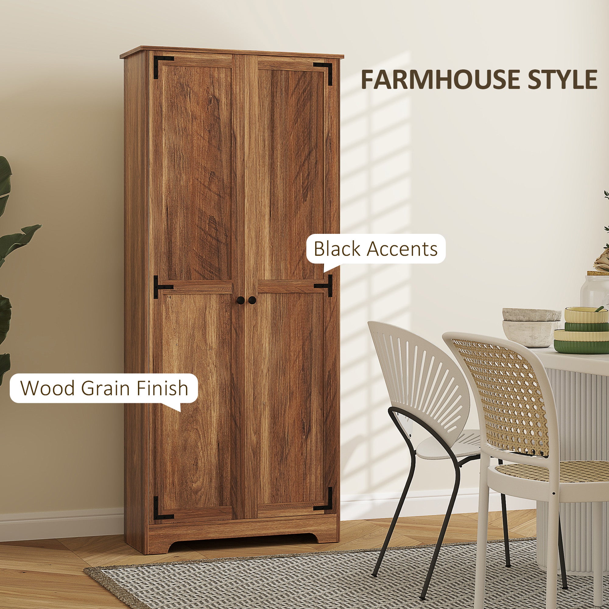 HOMCOM 72" Tall Farmhouse Storage Cabinet, Freestanding Kitchen Pantry Cabinet with Adjustable Shelves and Recessed Doors, Brown