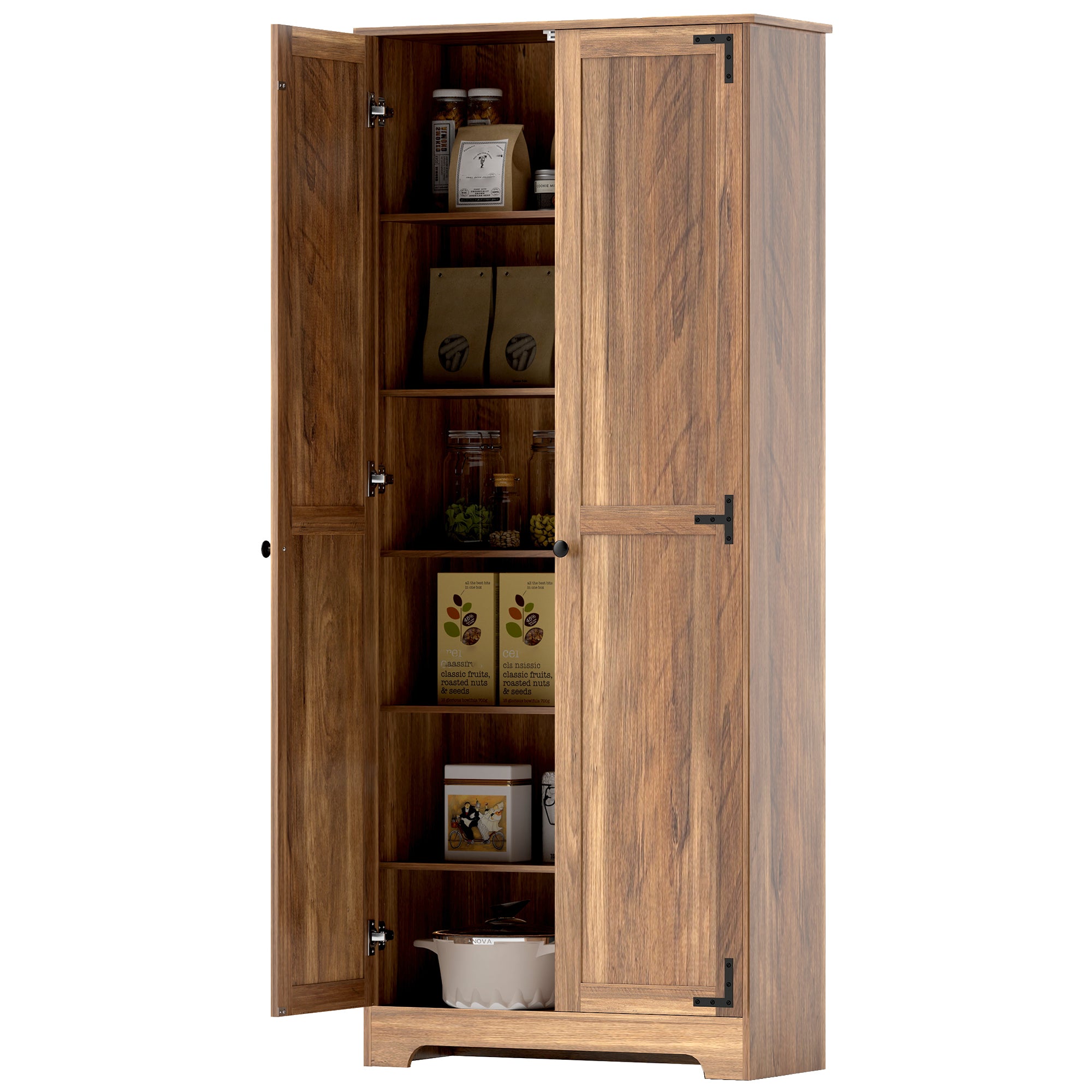 HOMCOM 72" Tall Farmhouse Storage Cabinet, Freestanding Kitchen Pantry Cabinet with Adjustable Shelves and Recessed Doors, Brown