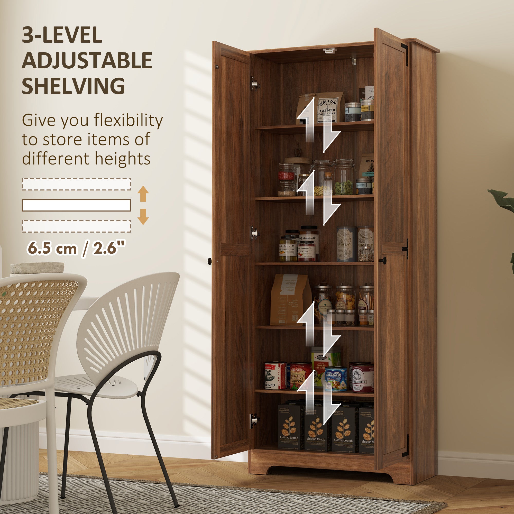 HOMCOM 72" Tall Farmhouse Storage Cabinet, Freestanding Kitchen Pantry Cabinet with Adjustable Shelves and Recessed Doors, Brown