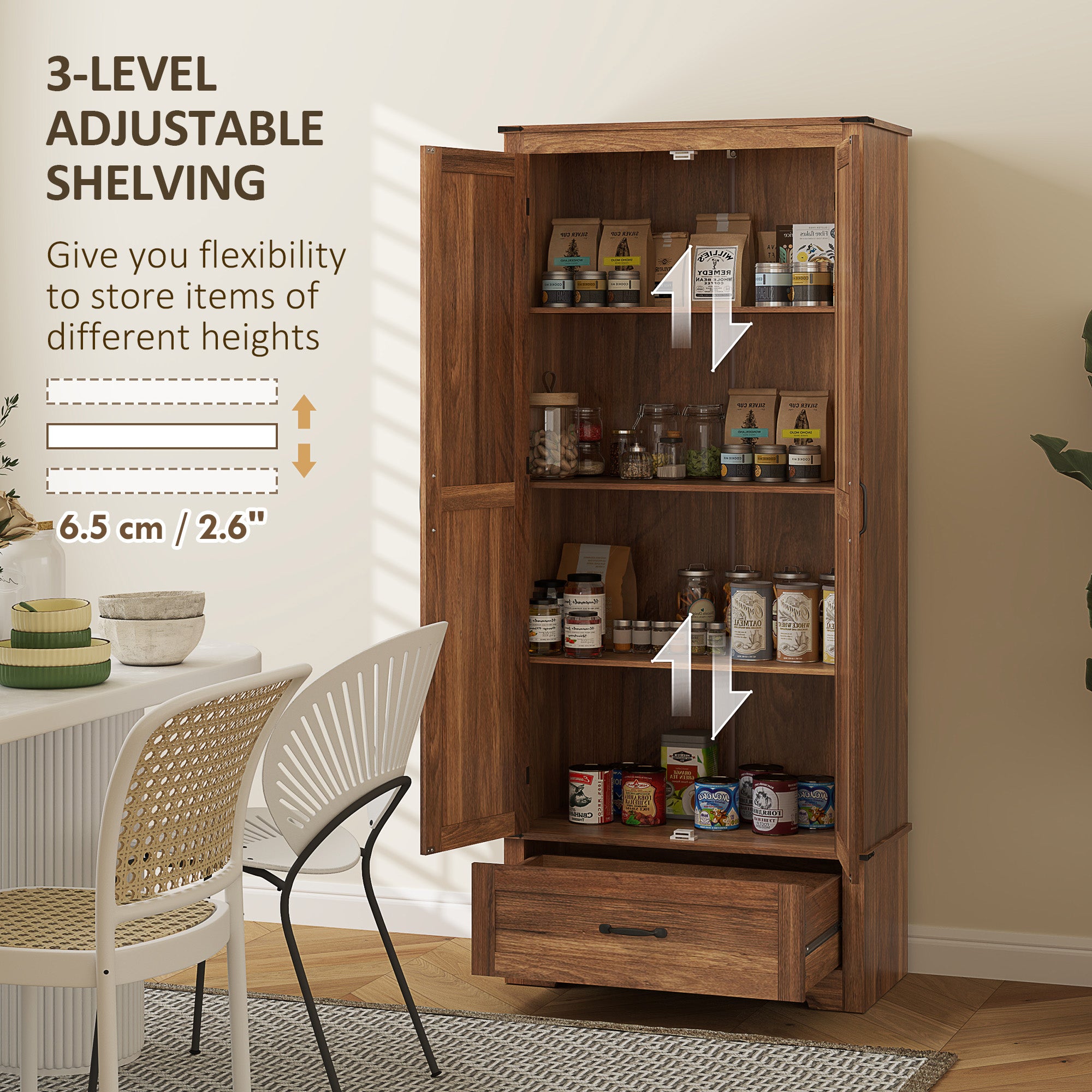 HOMCOM 72" Tall Farmhouse Kitchen Pantry Cabinet - Kitchen Storage Cabinet with Adjustable Shelves & 2 Barn Doors & Drawer, Versatile Storage Unit for Dining Room, Brown