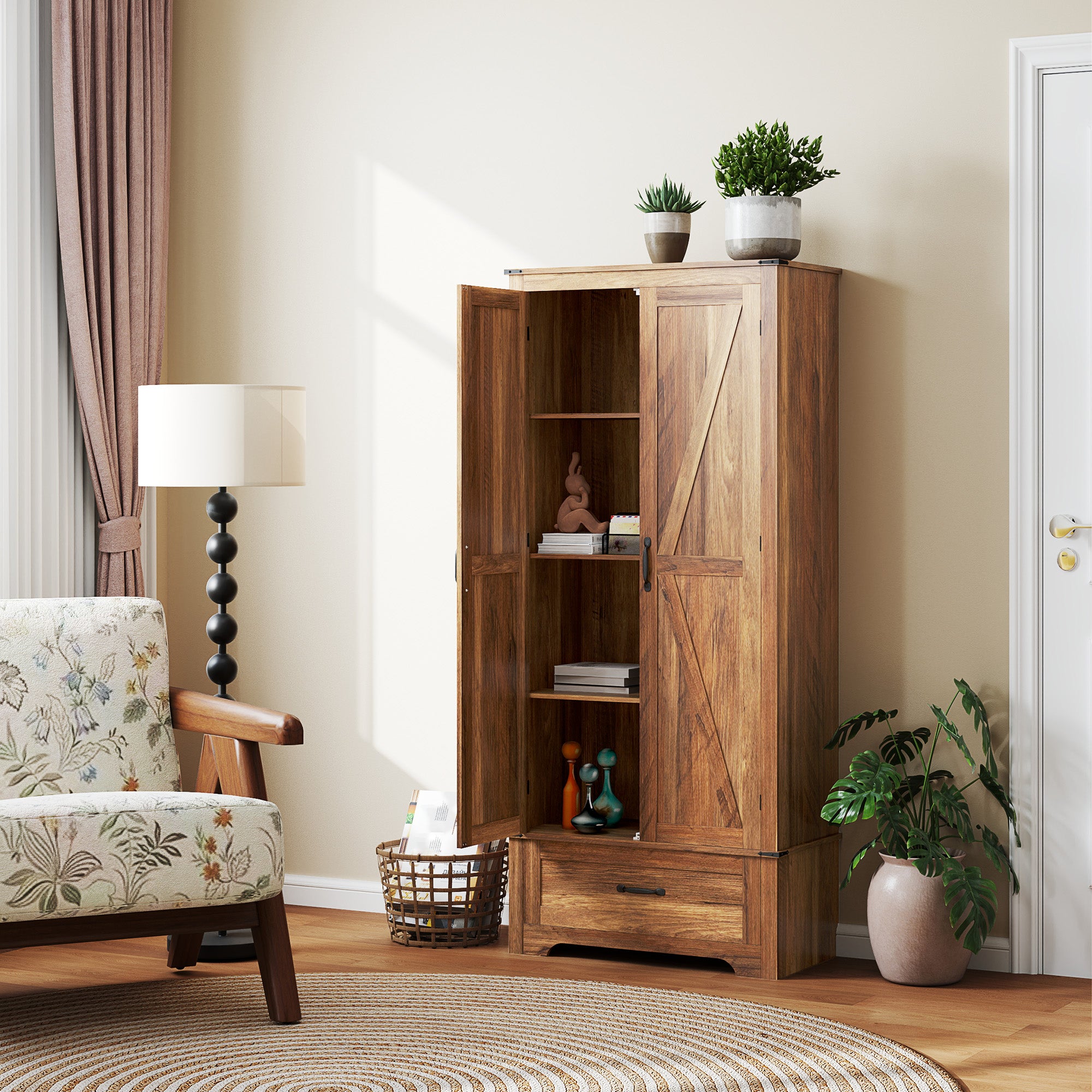 HOMCOM 72" Tall Farmhouse Kitchen Pantry Cabinet - Kitchen Storage Cabinet with Adjustable Shelves & 2 Barn Doors & Drawer, Versatile Storage Unit for Dining Room, Brown