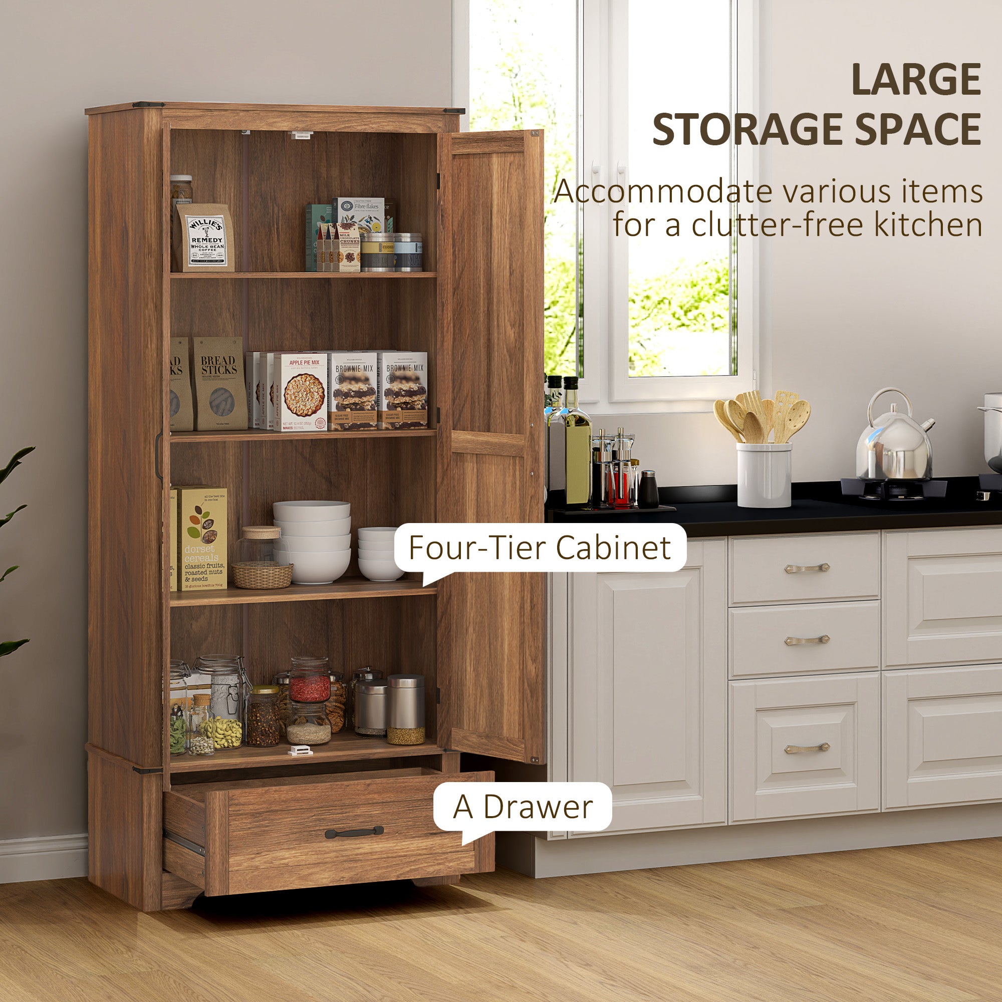 HOMCOM 72" Tall Farmhouse Kitchen Pantry Cabinet - Kitchen Storage Cabinet with Adjustable Shelves & 2 Barn Doors & Drawer, Versatile Storage Unit for Dining Room, Brown