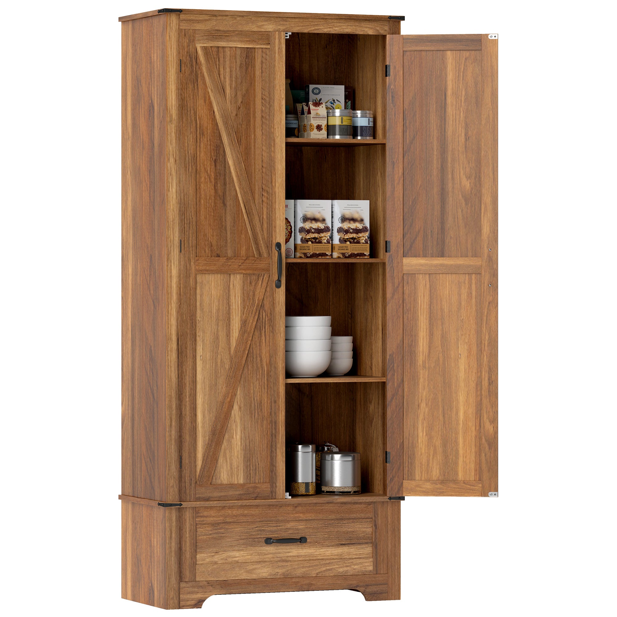 HOMCOM 72" Tall Farmhouse Kitchen Pantry Cabinet - Kitchen Storage Cabinet with Adjustable Shelves & 2 Barn Doors & Drawer, Versatile Storage Unit for Dining Room, Brown